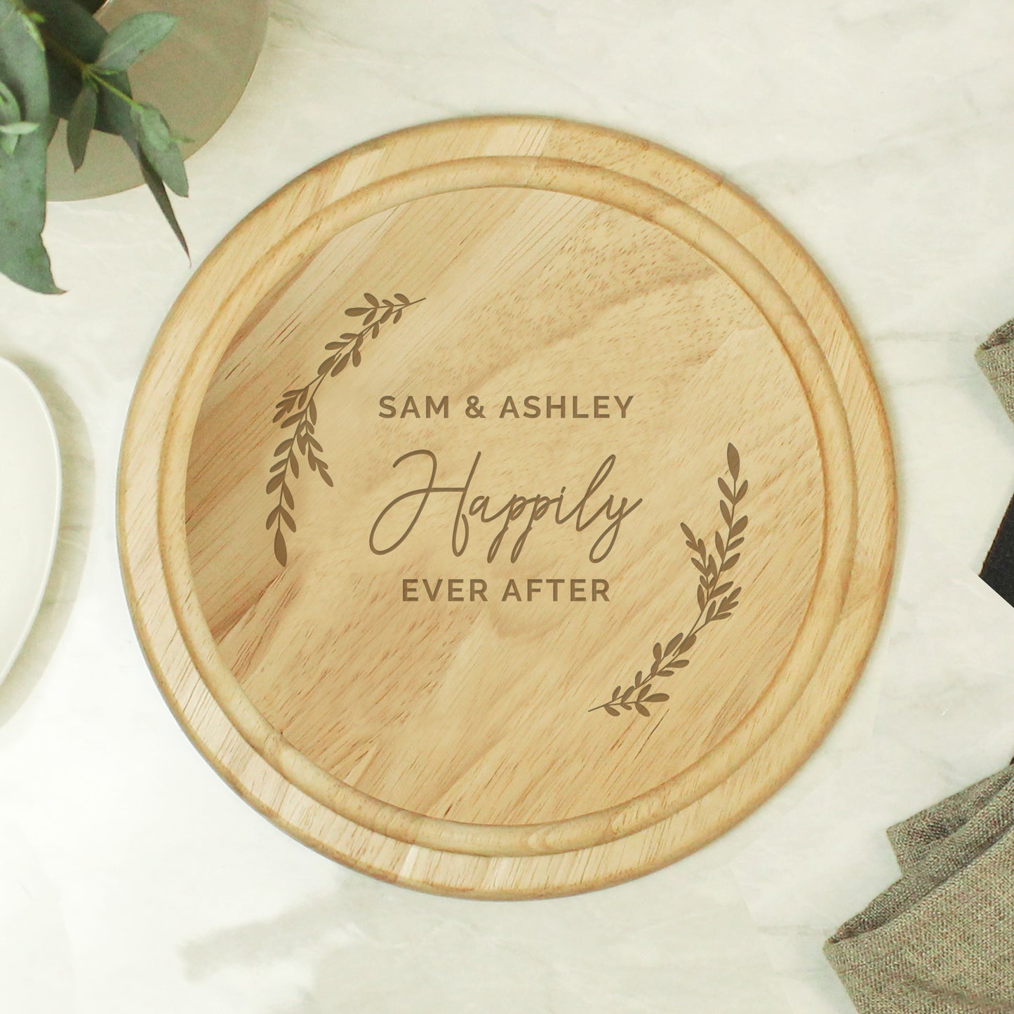 Personalised Laurel Round Wooden Chopping Board from Heartfelt Gifts