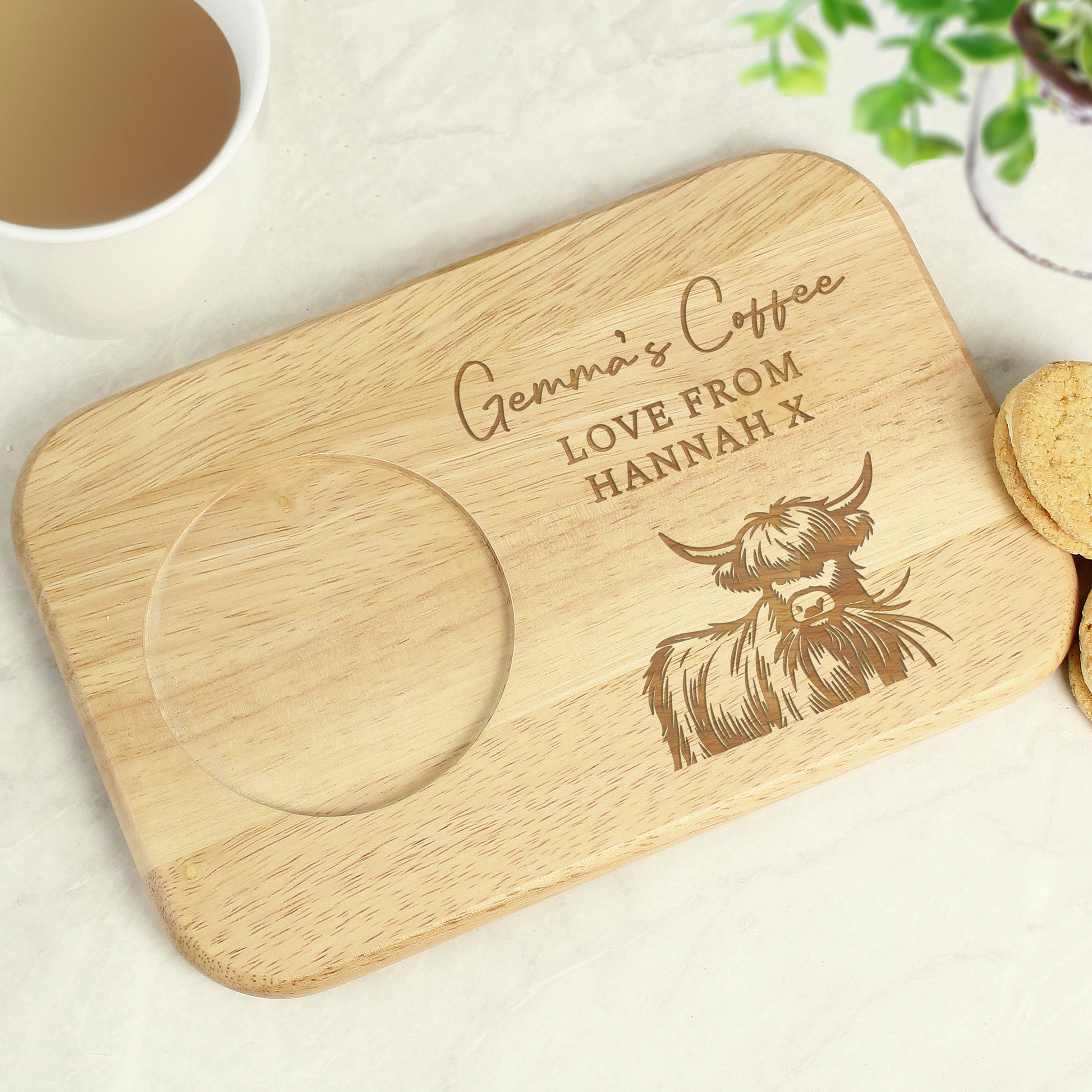 Personalised Highland Cow Wooden Coaster Tray from Heartfelt Gifts