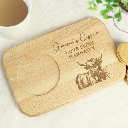 Personalised Highland Cow Wooden Coaster Tray from Heartfelt Gifts