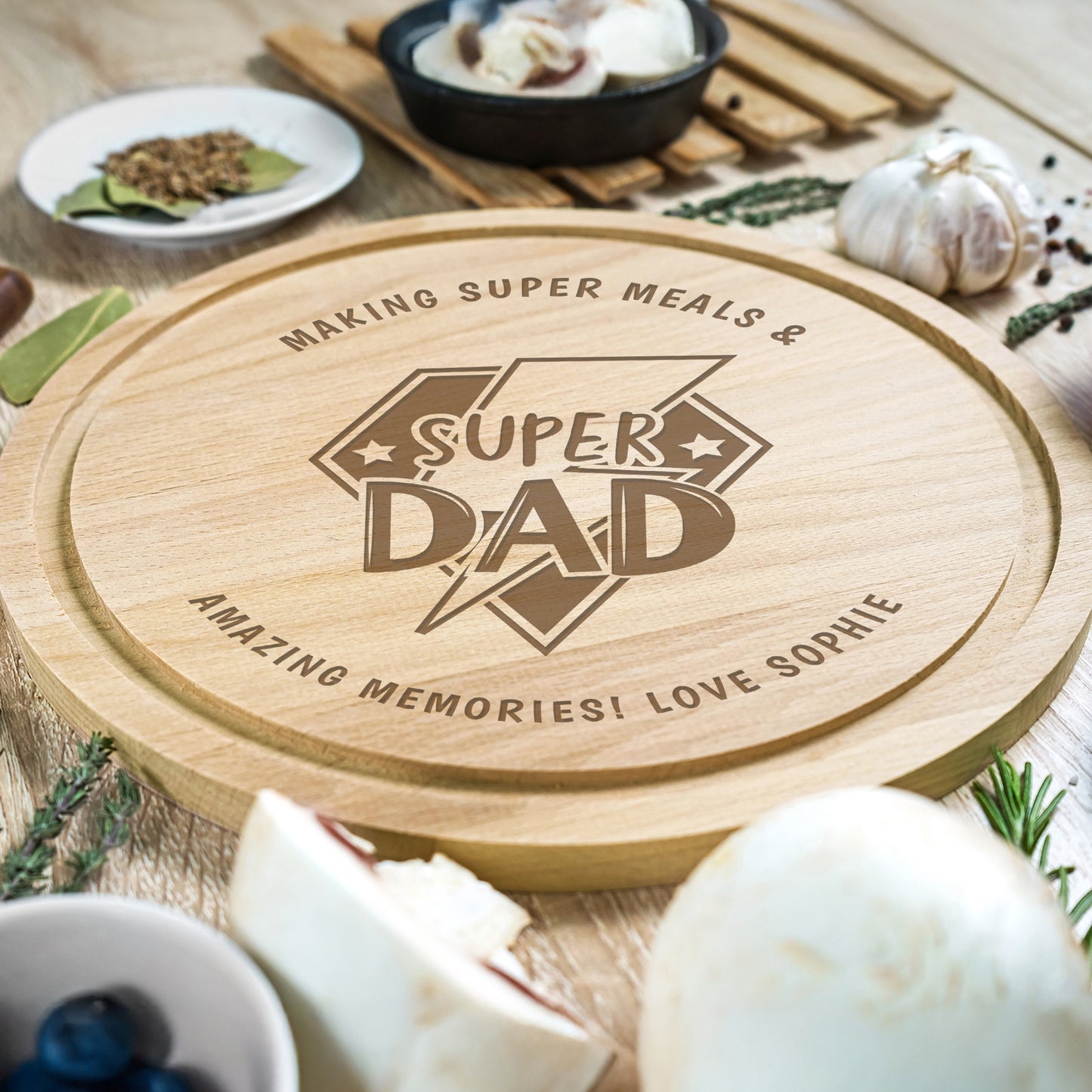 Personalised Super Dad Round Wooden Chopping Board – Kitchen Father's Day Gift - image 2