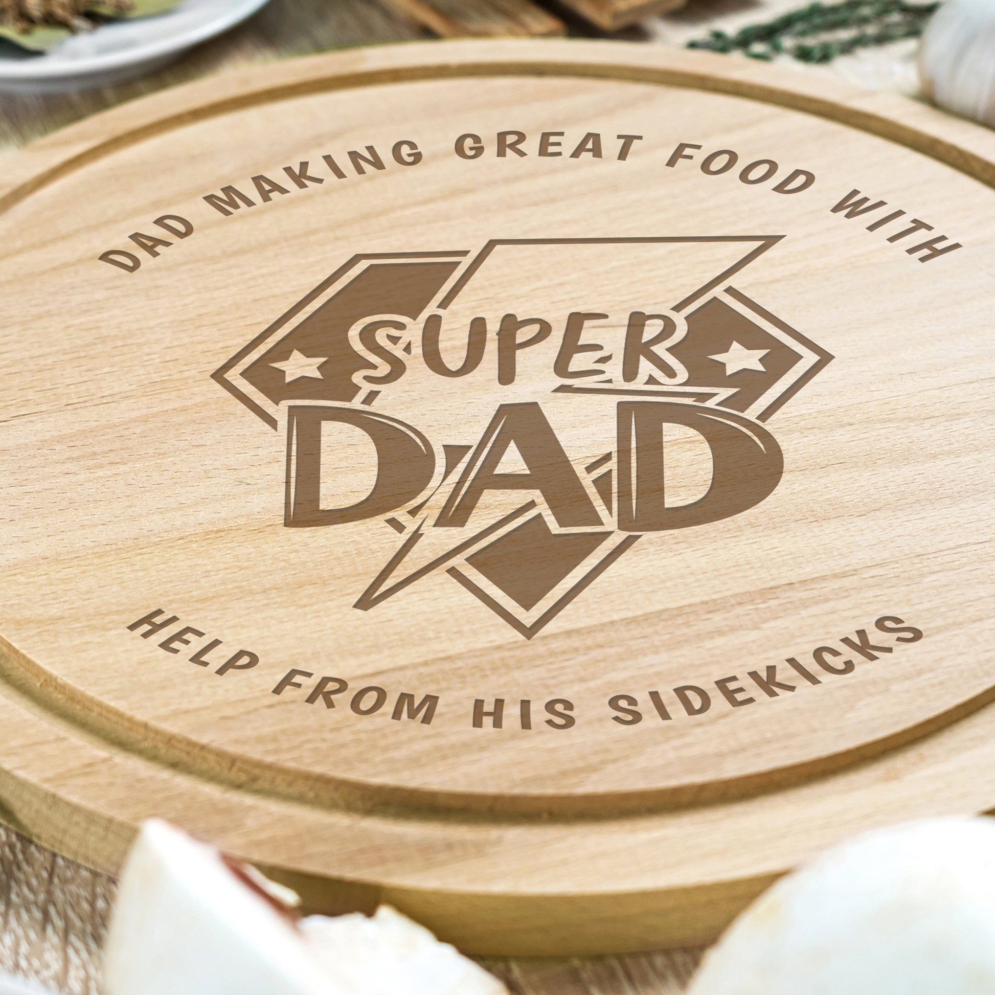 Personalised Super Dad Round Wooden Chopping Board – Kitchen Father's Day Gift - image 3