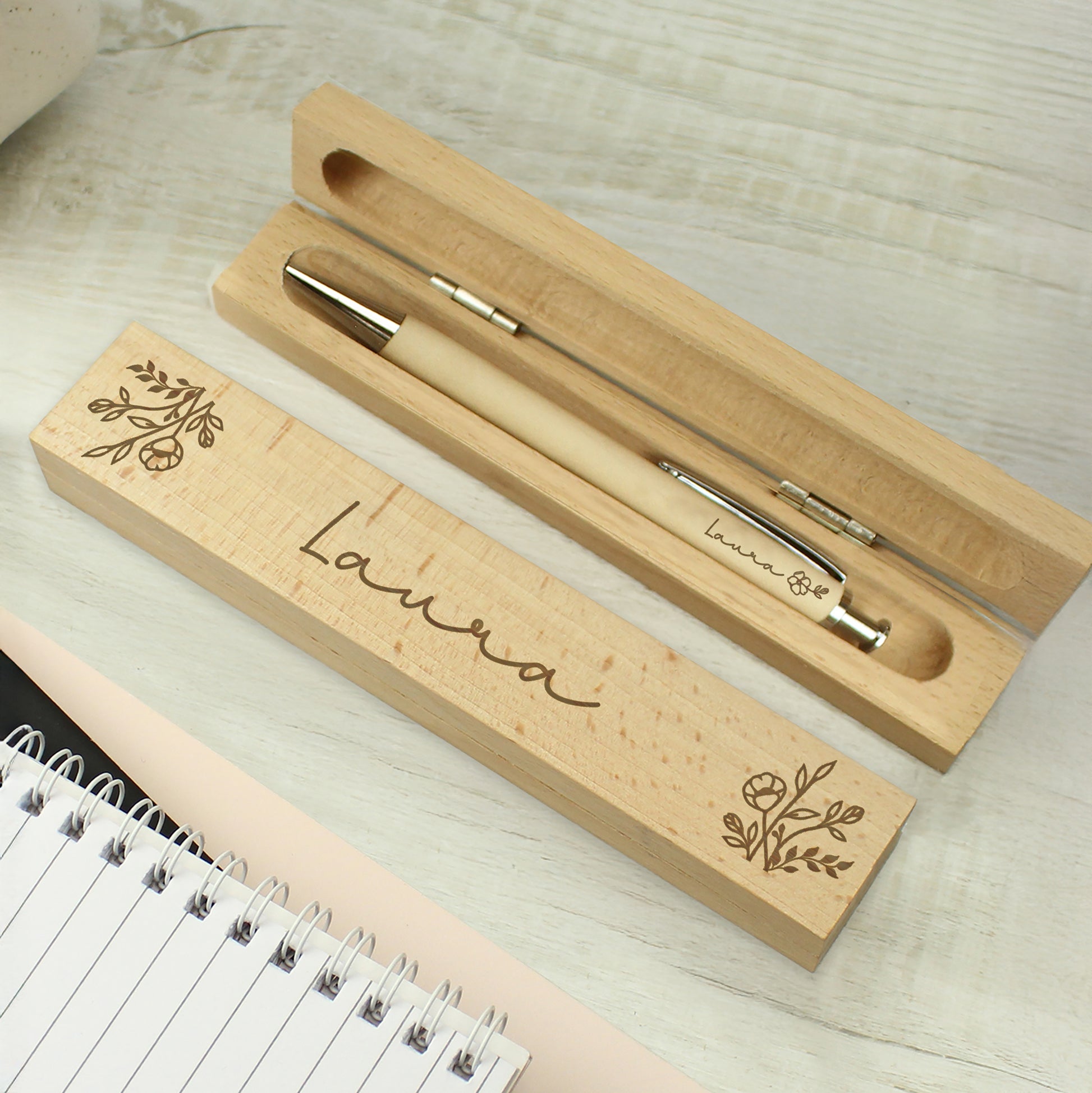 Personalised Floral Wooden Pen and Box from Heartfelt Gifts