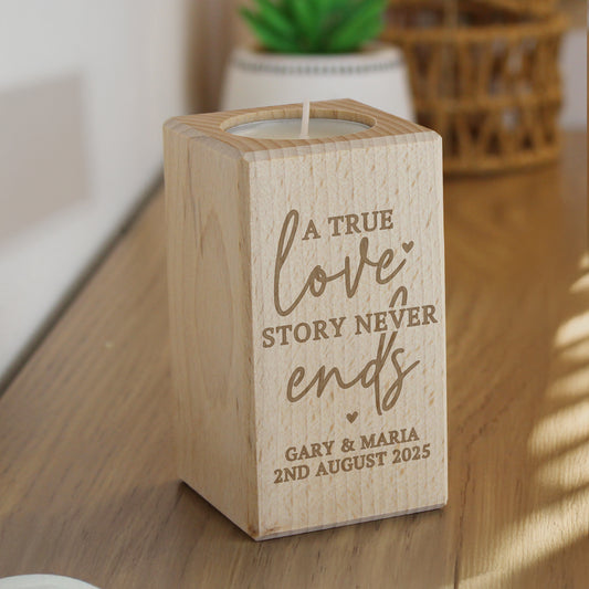 Personalised Love Story Wooden Tealight Holder from Heartfelt Gifts