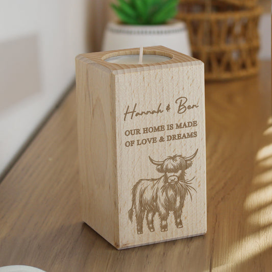 Personalised Highland Cow Wooden Tealight Holder – Rustic Home Gift