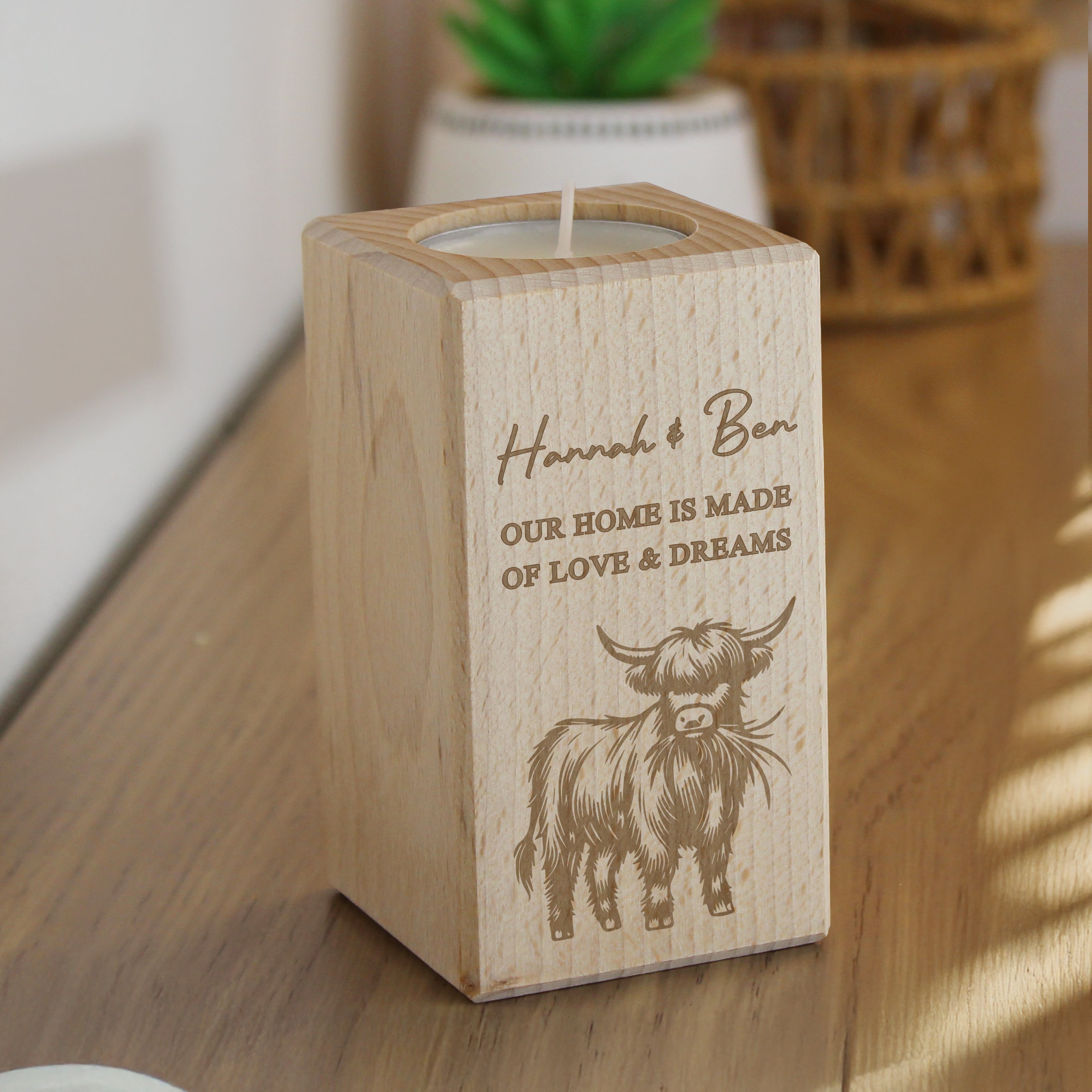 Personalised Highland Cow Wooden Tealight Holder from Heartfelt Gifts