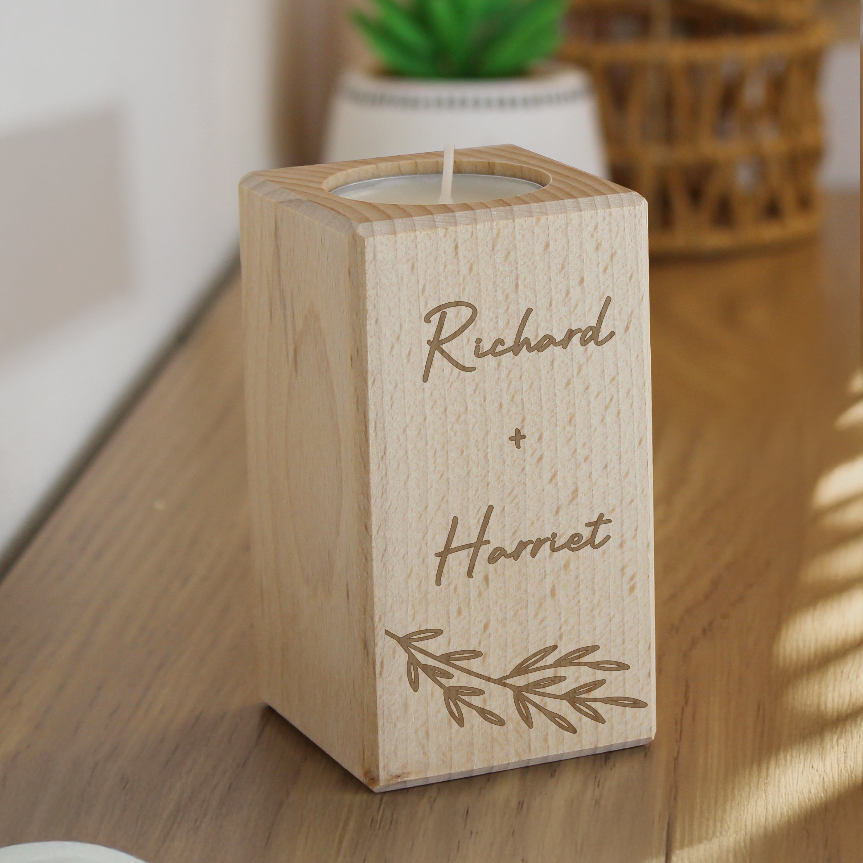 Personalised Botanical Wooden Tealight Holder from Heartfelt Gifts