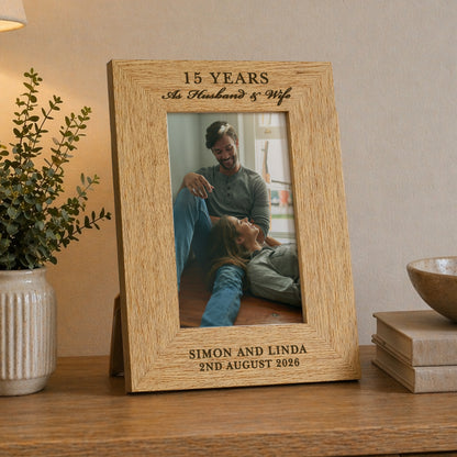 Personalised wooden anniversary photo frame with example couple photo and custom 15-year message
