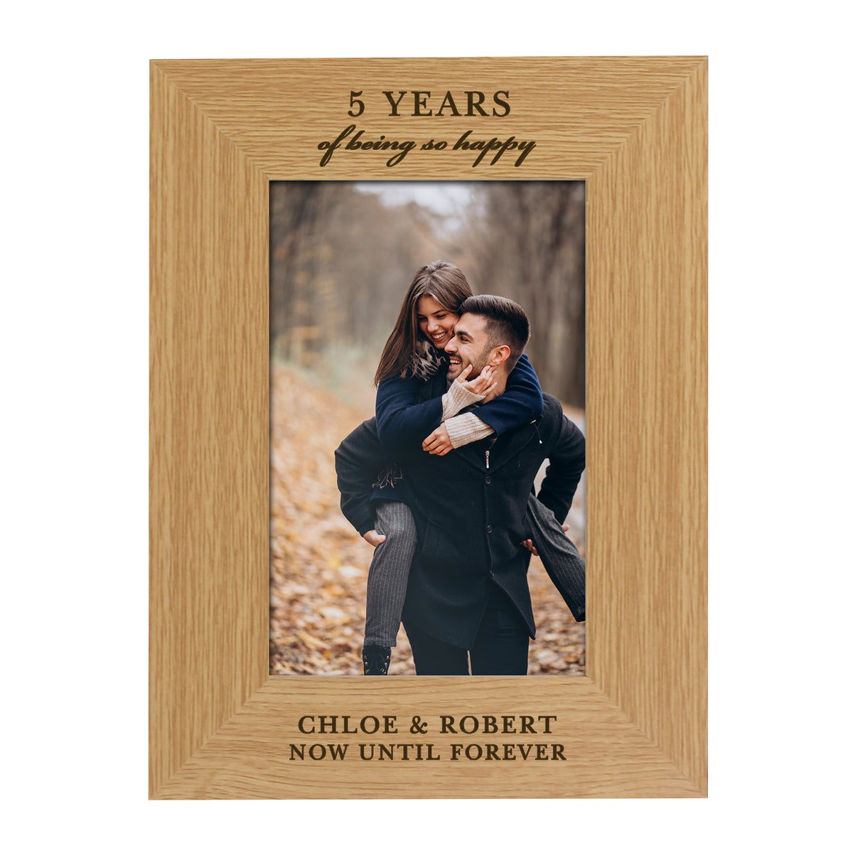Personalised wooden anniversary photo frame with example couple photo and custom five-year message