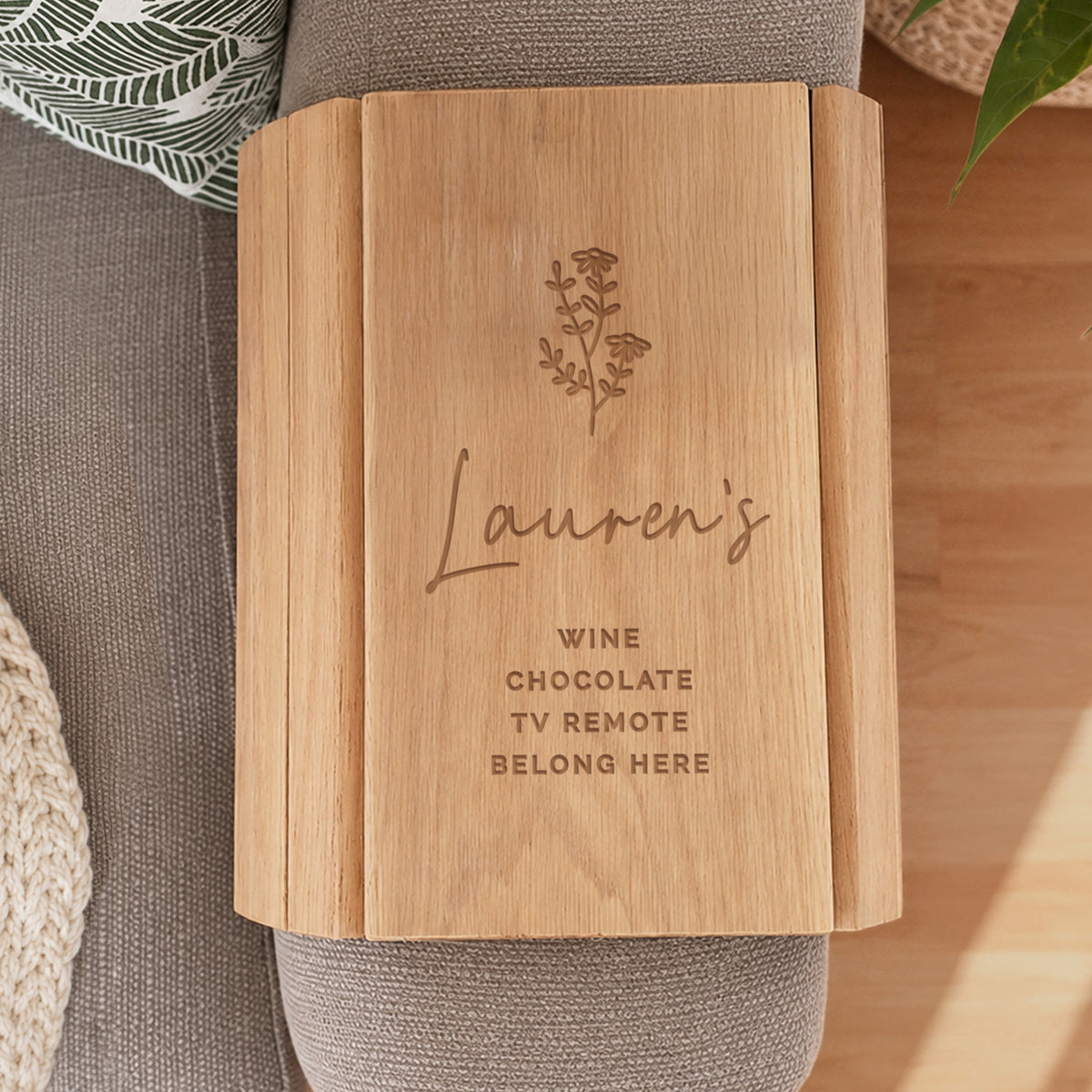Personalised floral adjustable wooden sofa tray with custom name and message