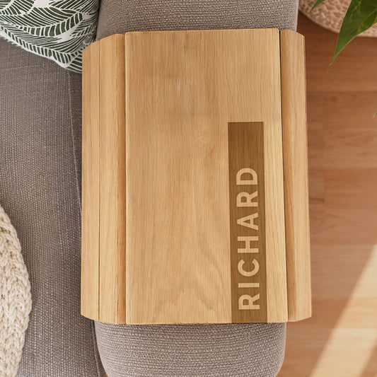 Personalised name-strip adjustable wooden sofa tray with uppercase name