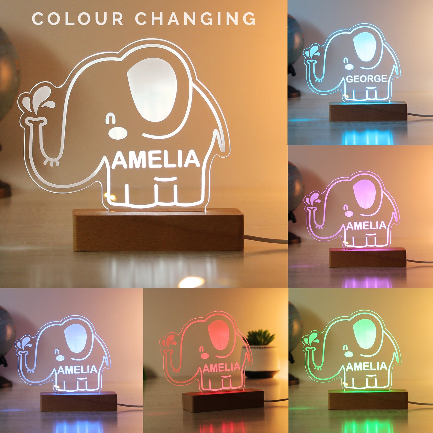 Personalised Elephant Wooden Based LED Light - image 2