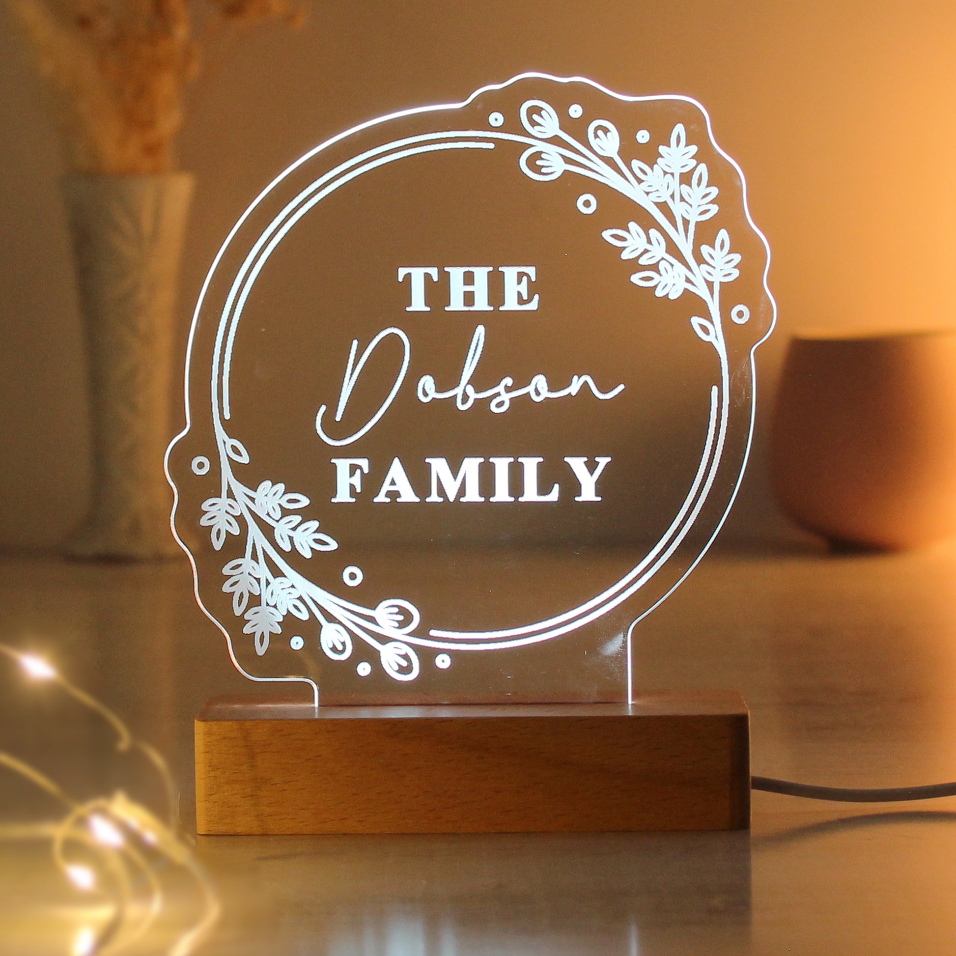 Personalised Floral Wooden Based LED Light from Heartfelt Gifts