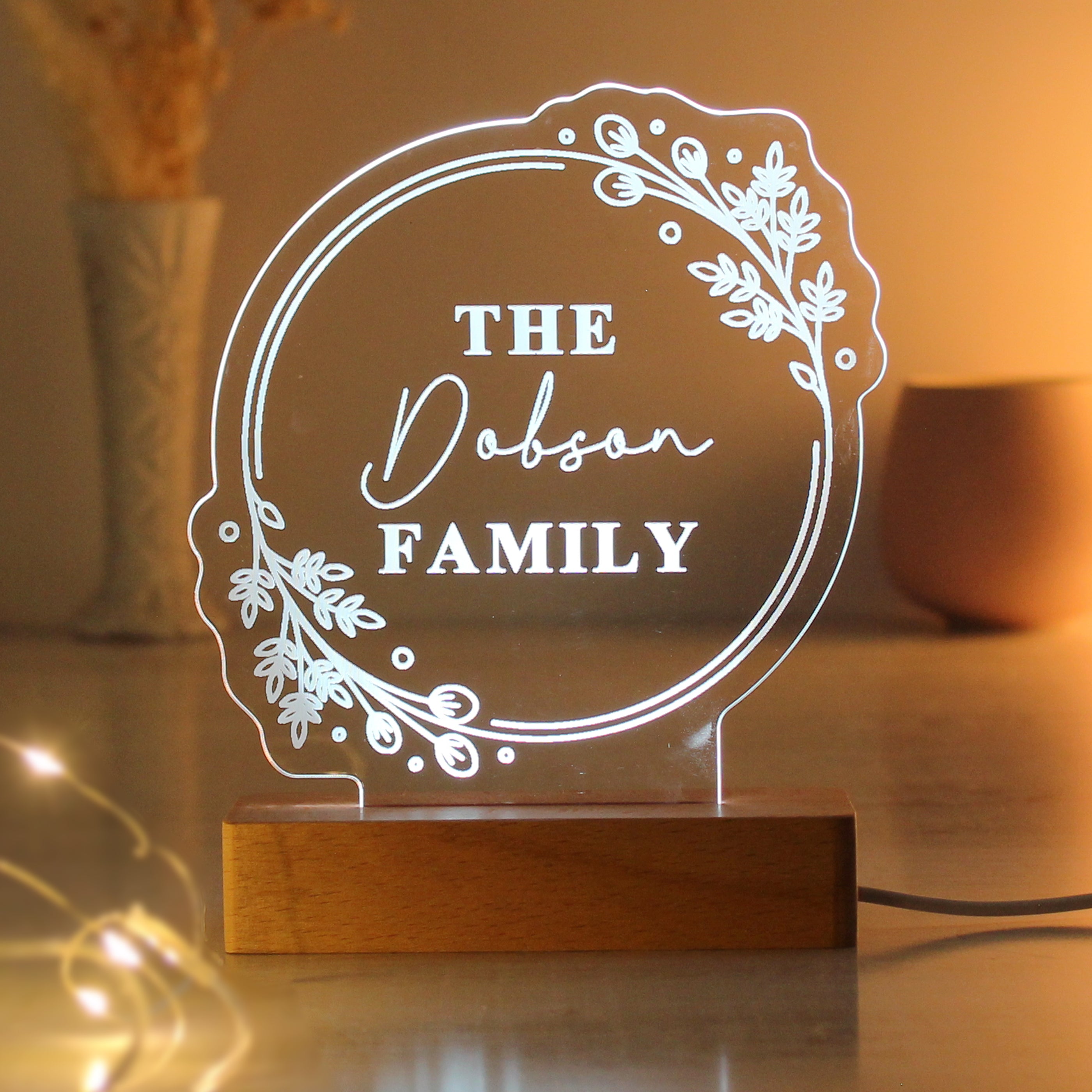 Personalised Floral Wooden Based LED Light from Heartfelt Gifts