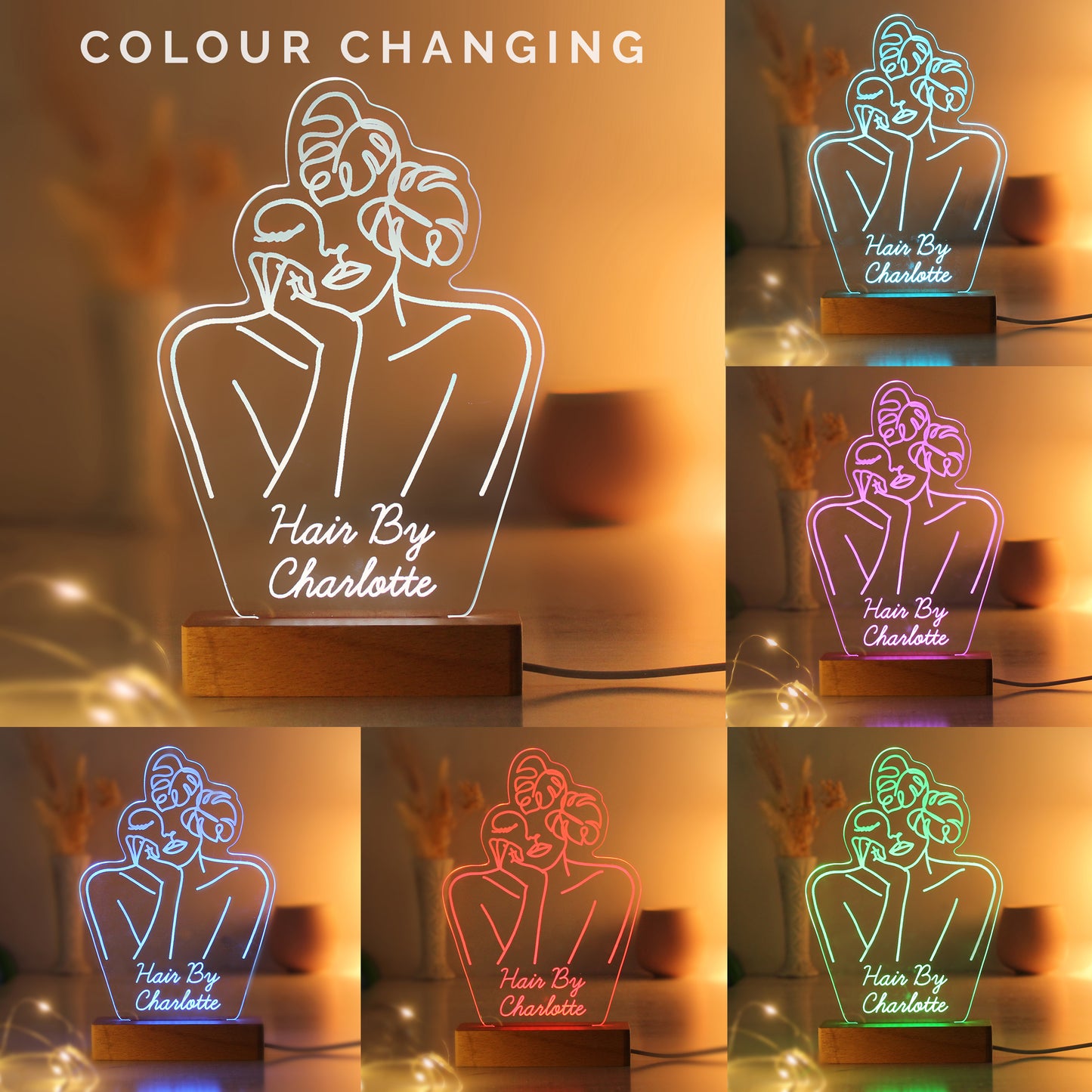 Personalised Fleur Line Art Wooden Based LED Light - image 2