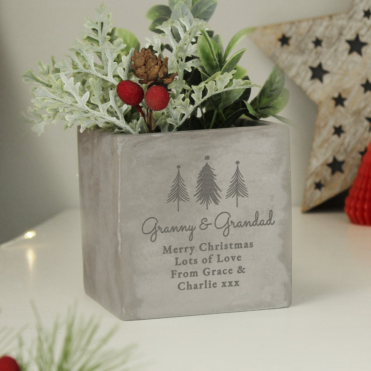 Personalised Christmas Tree Concrete Planter from Heartfelt Gifts