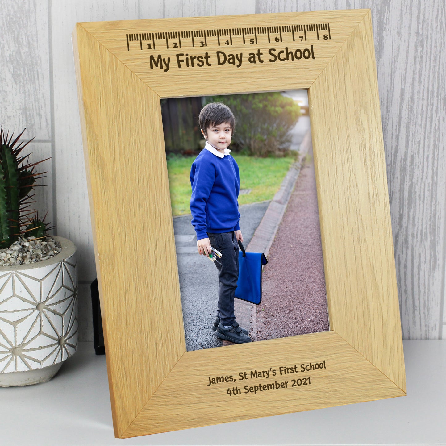Personalised Oak Finish 6x4 My First Day At School Photo Frame from Heartfelt Gifts