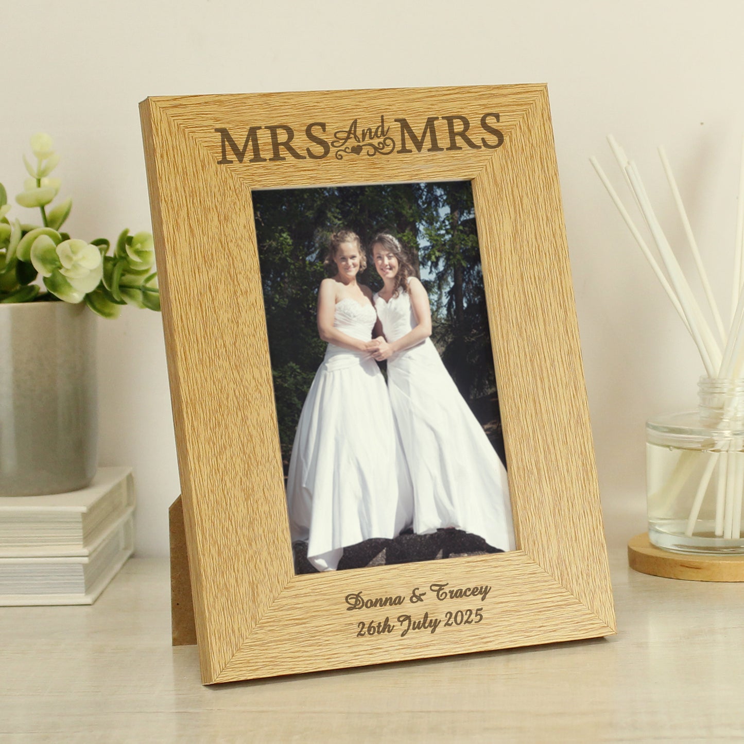 Personalised Oak Finish 6x4 Mrs & Mrs Photo Frame from Heartfelt Gifts
