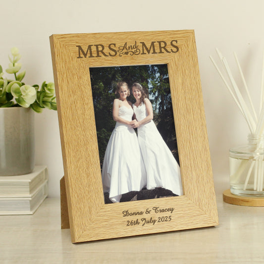 Personalised Oak Finish 6x4 Mrs & Mrs Photo Frame from Heartfelt Gifts