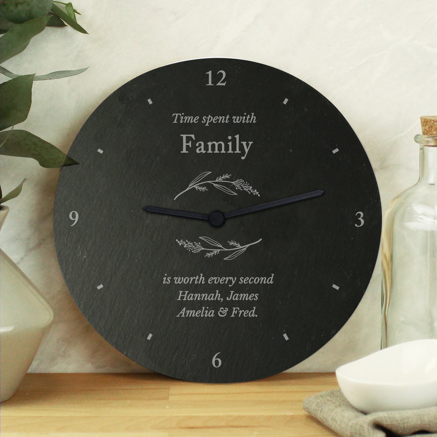 Personalised Free Text Botanical Slate Clock from Heartfelt Gifts