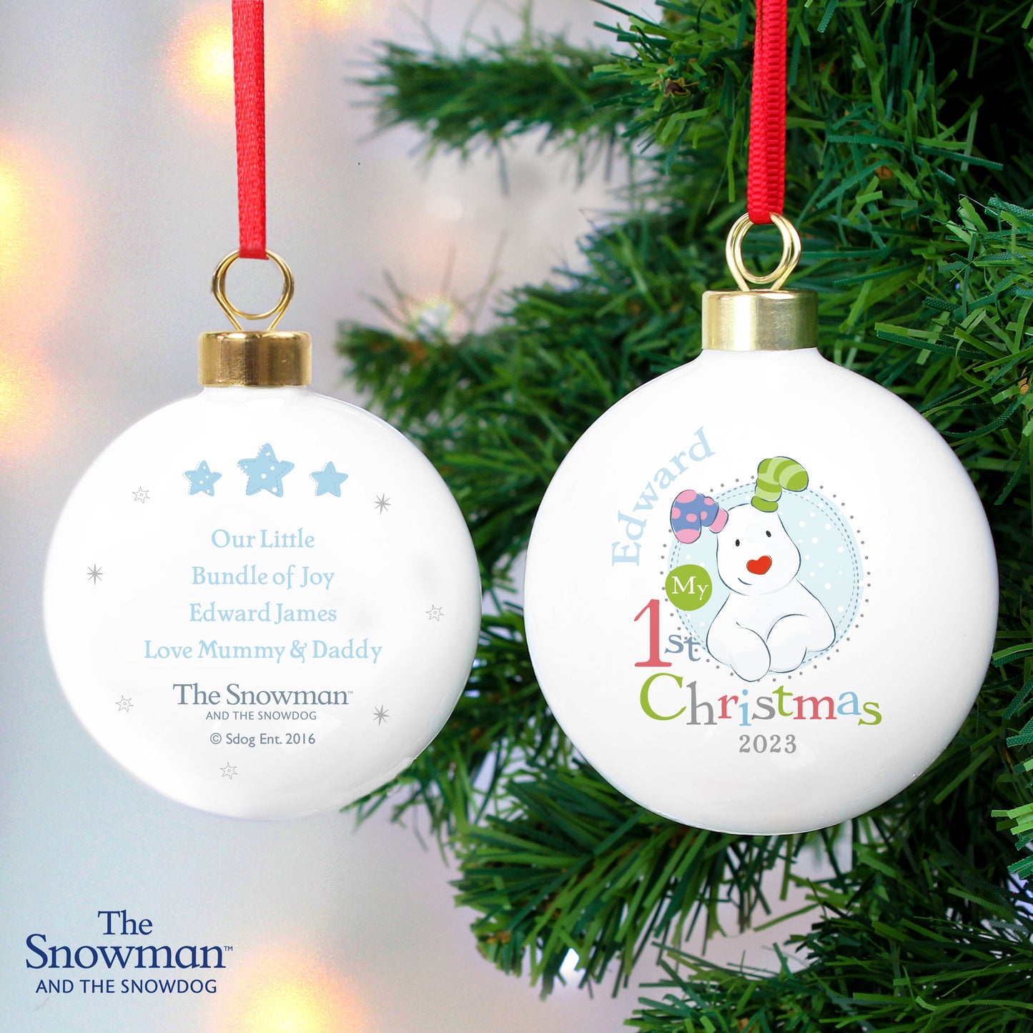 Personalised The Snowman and the Snowdog My 1st Christmas Blue Bauble from Heartfelt Gifts