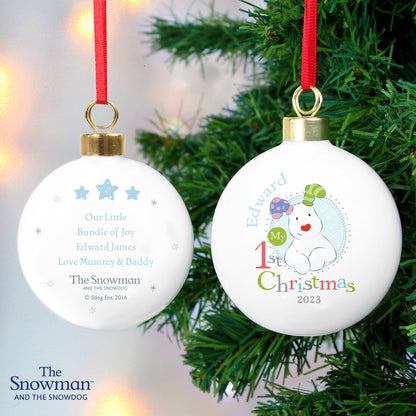 Personalised The Snowman and the Snowdog My 1st Christmas Blue Bauble from Heartfelt Gifts