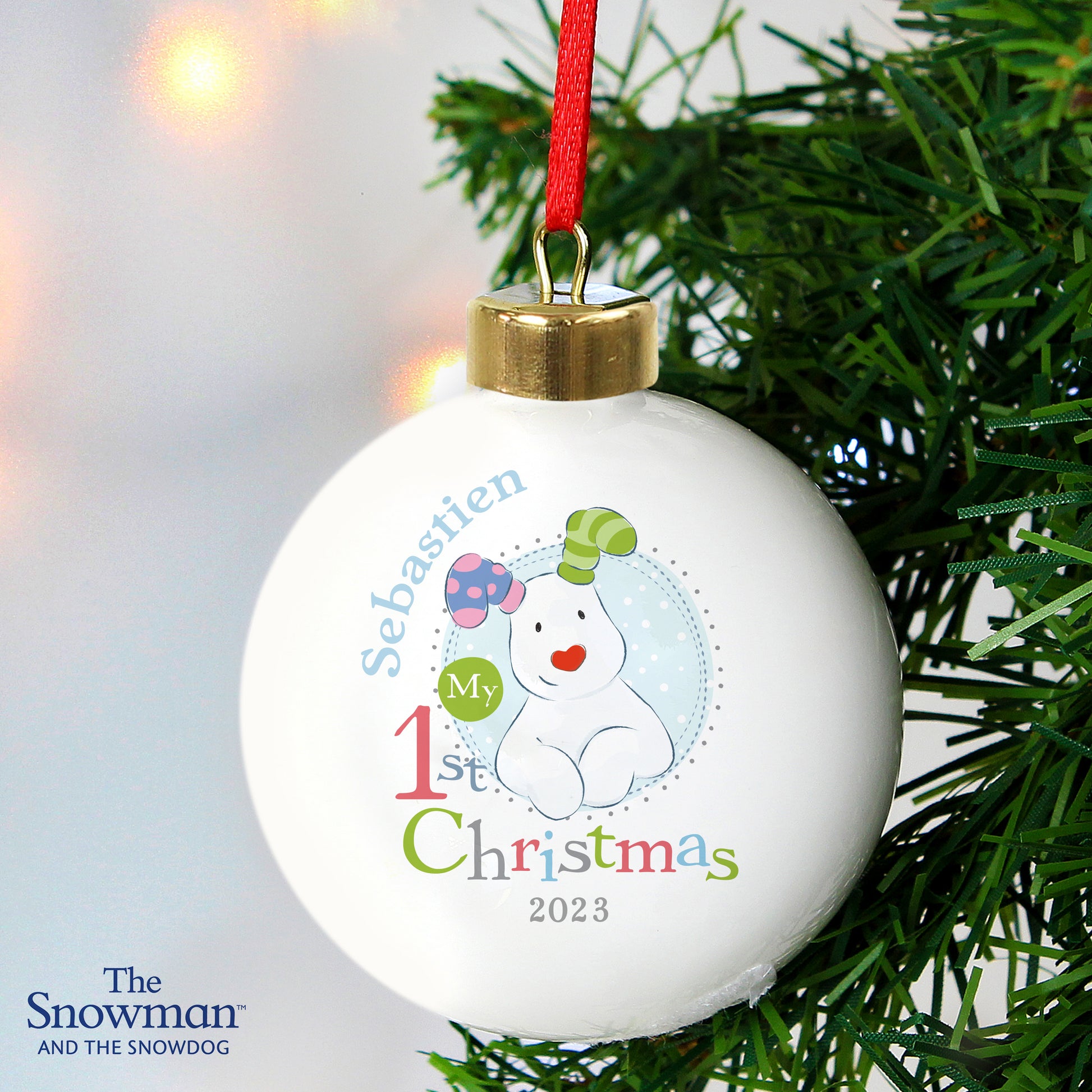 Personalised The Snowman and the Snowdog My 1st Christmas Blue Bauble - image 3