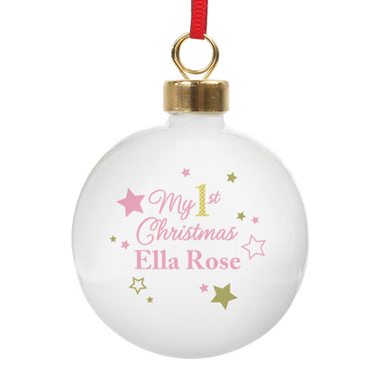 Personalised Gold & Pink Stars My 1st Christmas Bauble - image 2