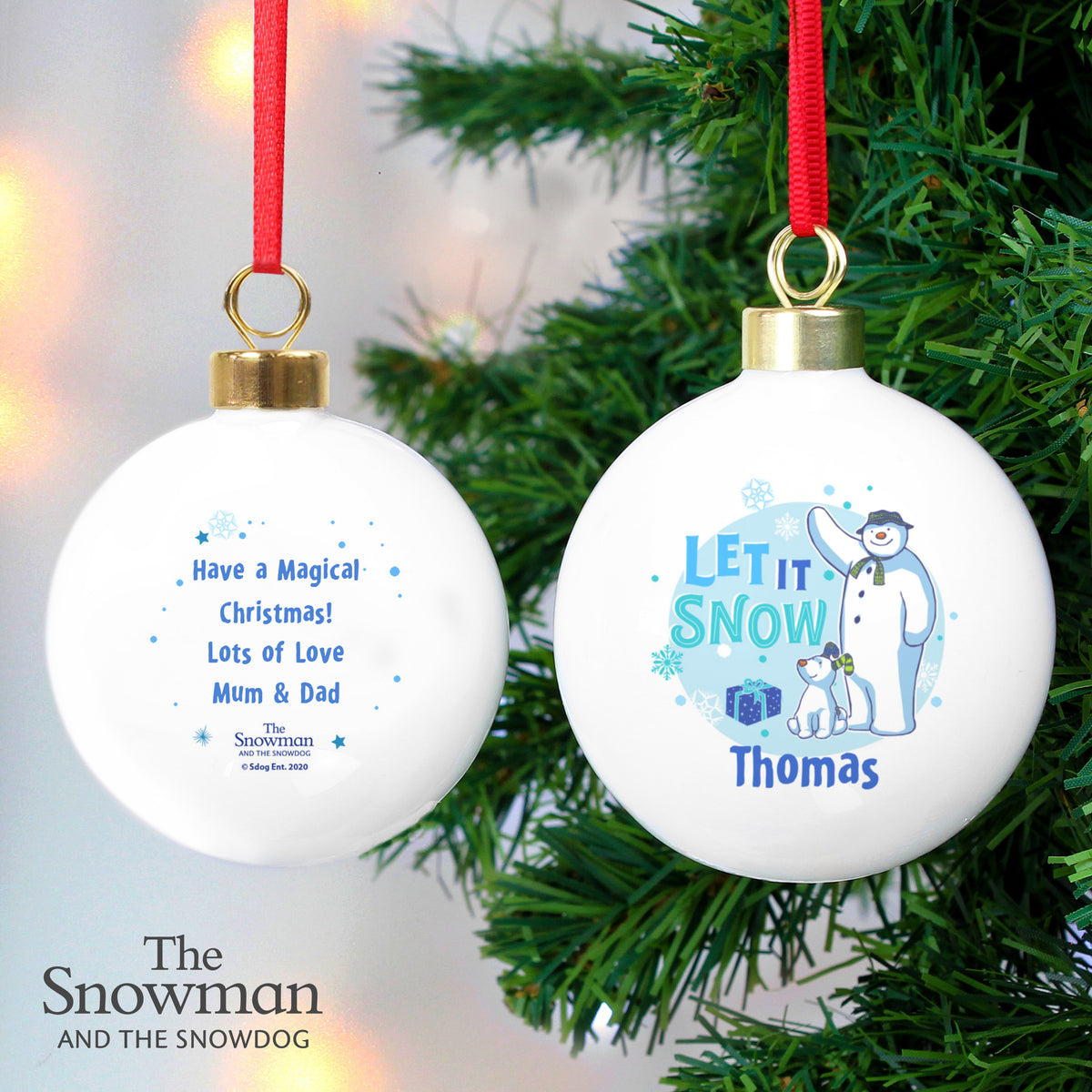 Personalised The Snowman and the Snowdog Blue Bauble - image 4