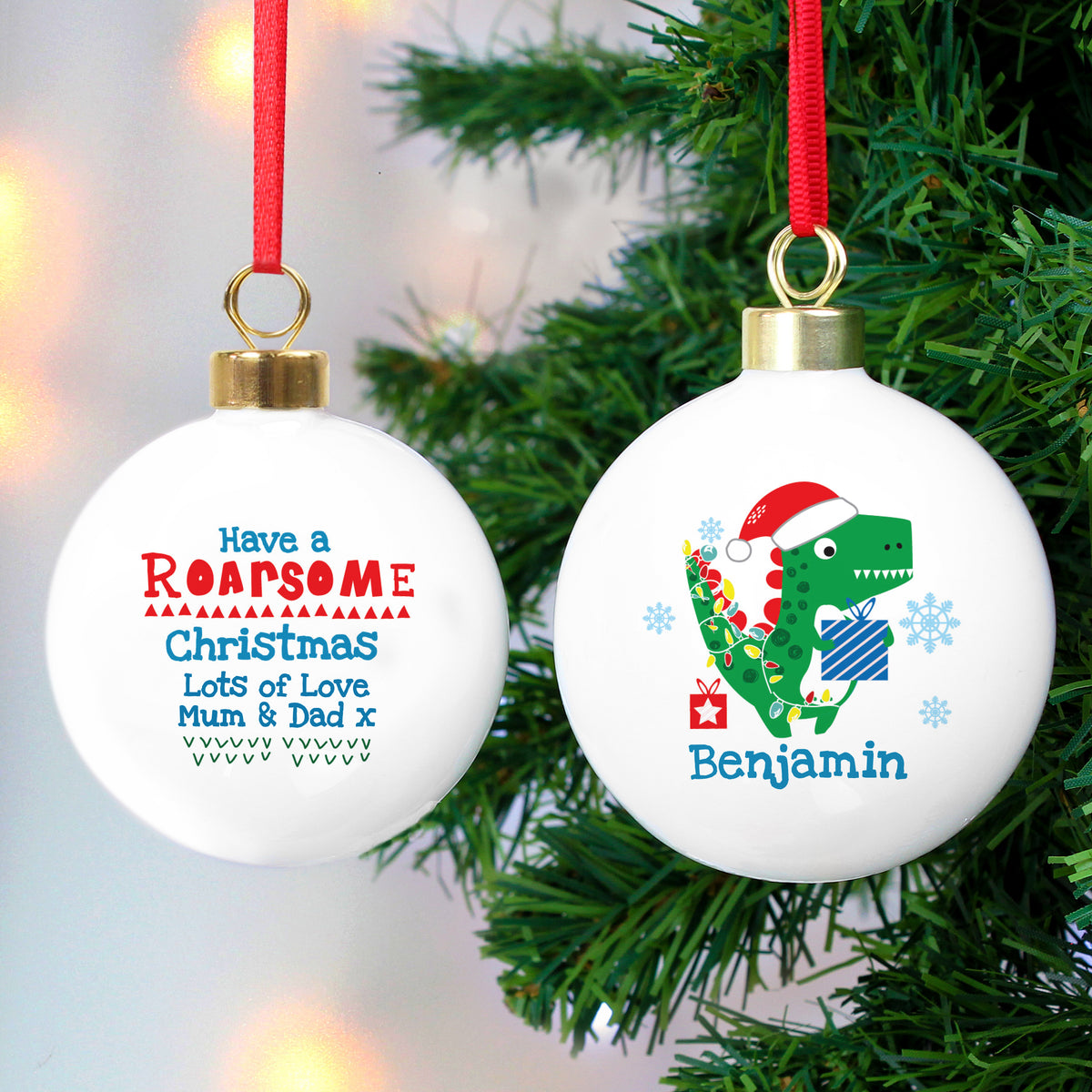 Personalised Dinosaur 'Have a Roarsome Christmas' Bauble - image 3