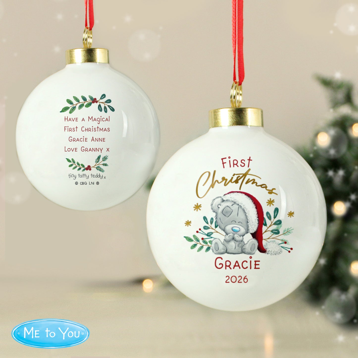 Personalised First Christmas Tiny Tatty Teddy Bauble from Heartfelt Gifts