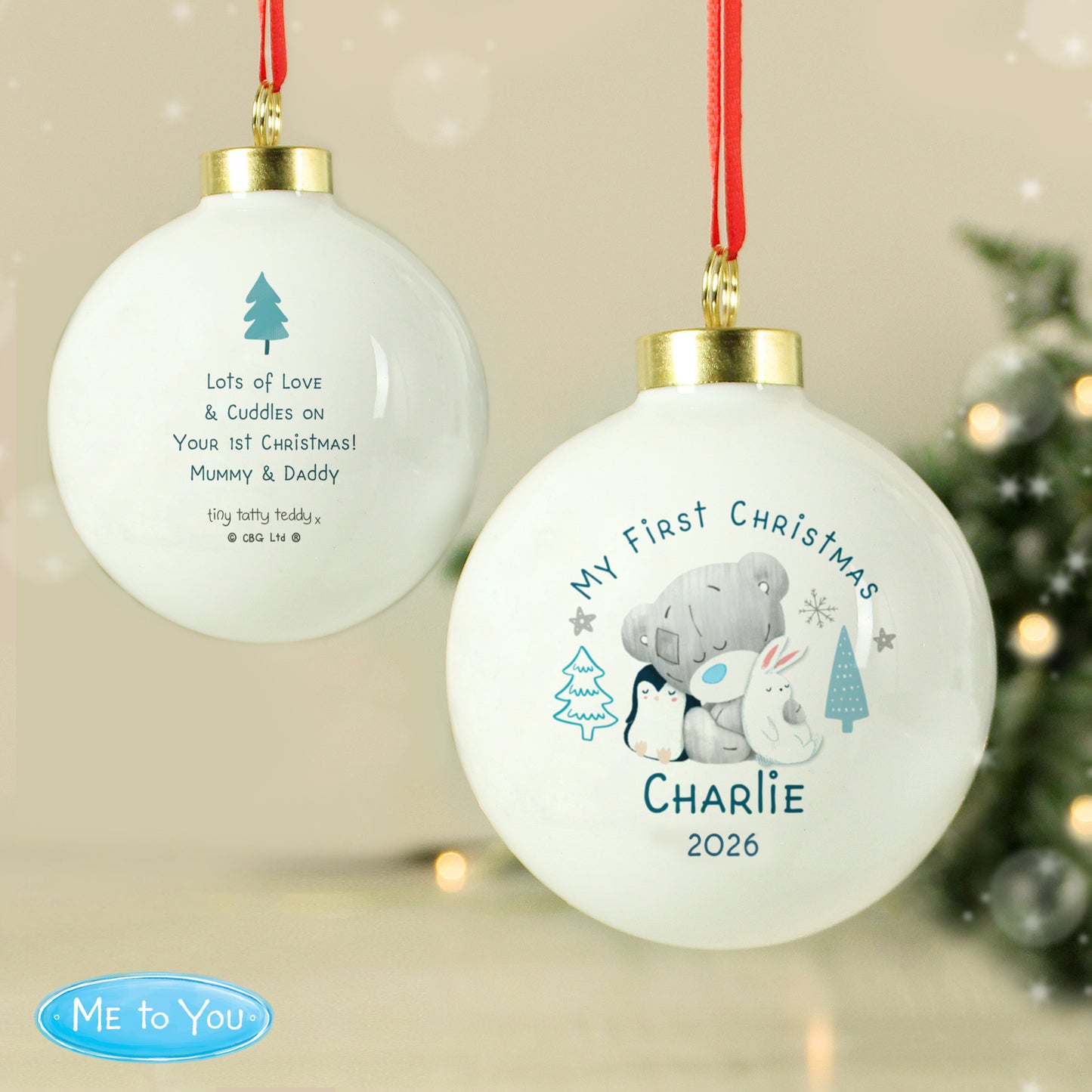 Personalised Winter Explorer First Christmas Tiny Tatty Teddy Bauble from Heartfelt Gifts
