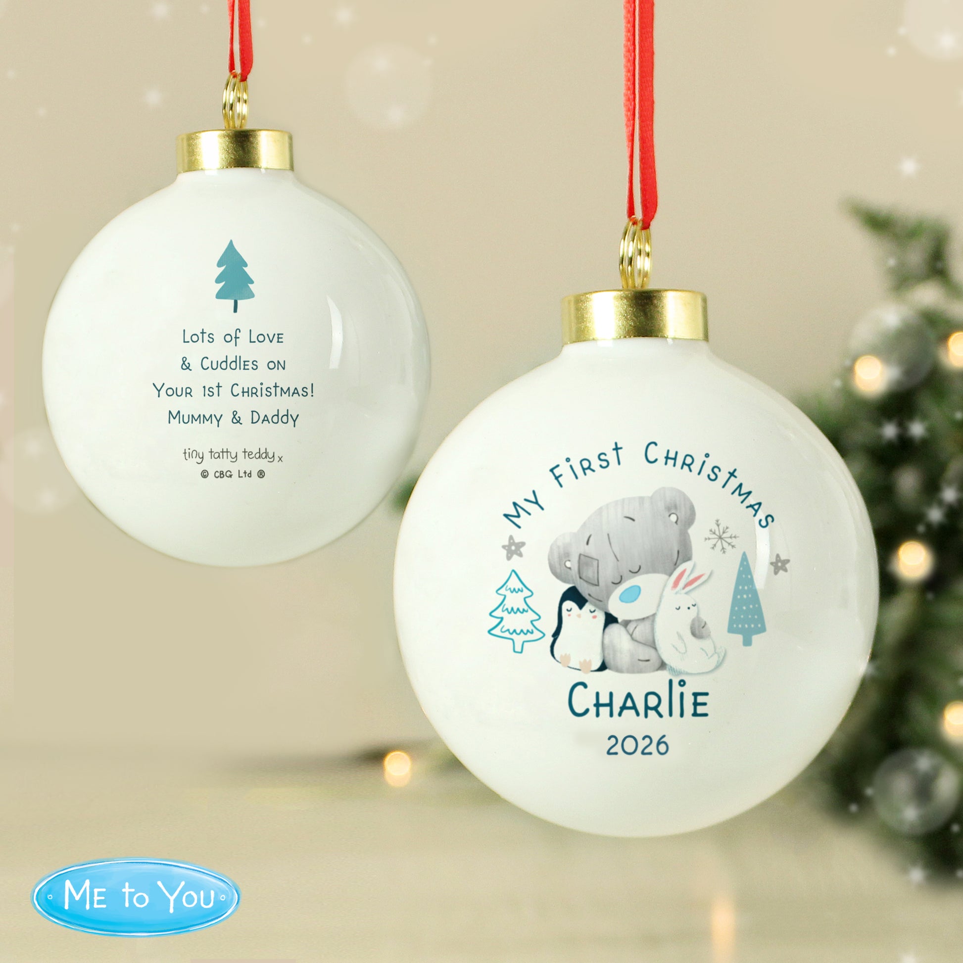 Personalised Winter Explorer First Christmas Tiny Tatty Teddy Bauble from Heartfelt Gifts