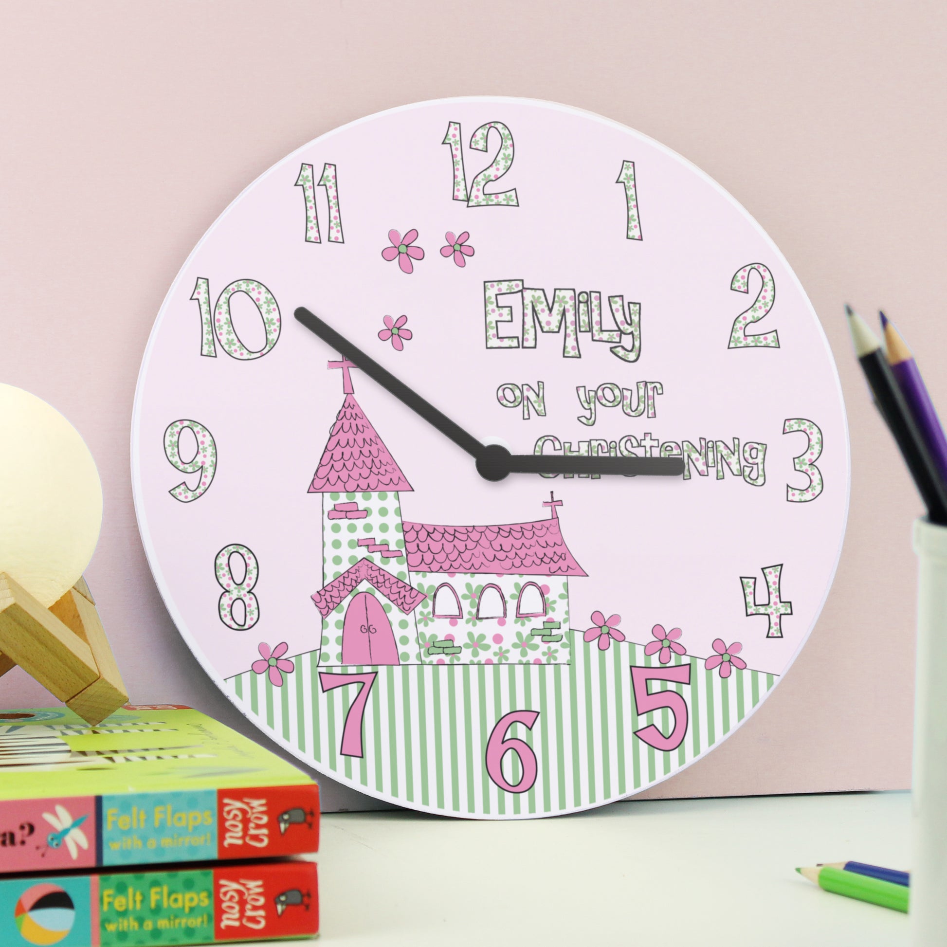 Personalised Whimsical Church Christening Clock from Heartfelt Gifts