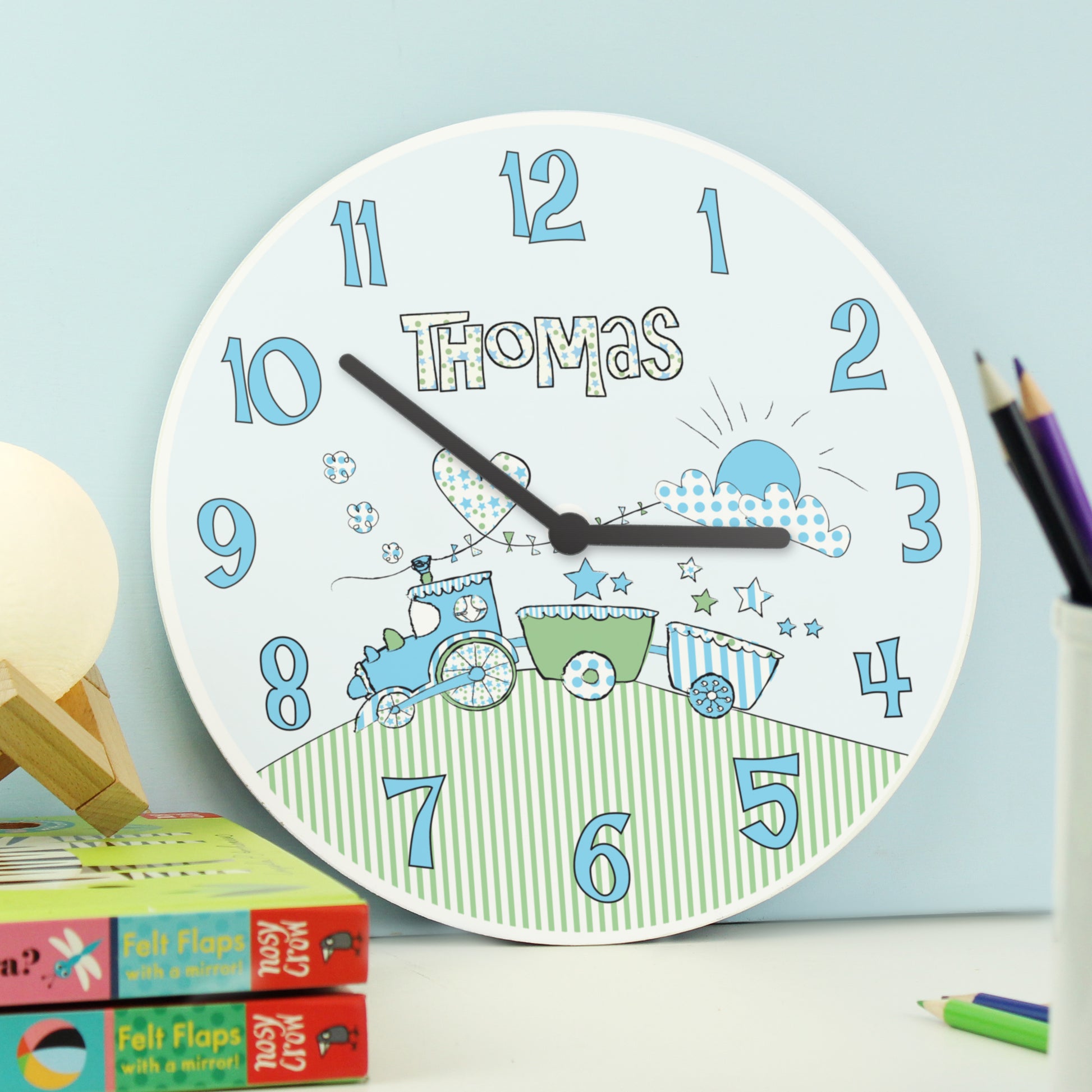 Personalised Whimsical Train Clock from Heartfelt Gifts