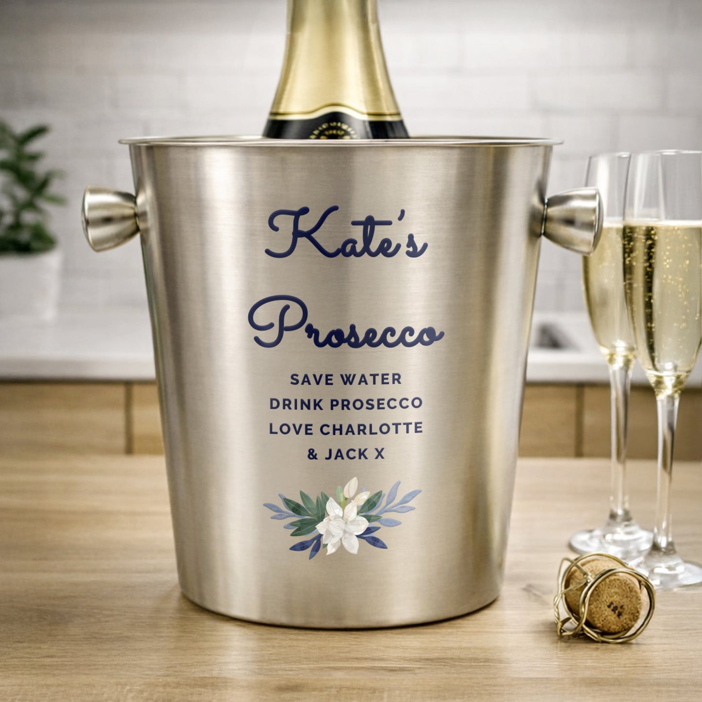 Personalised Blue Floral Stainless Steel Ice Bucket from Heartfelt Gifts