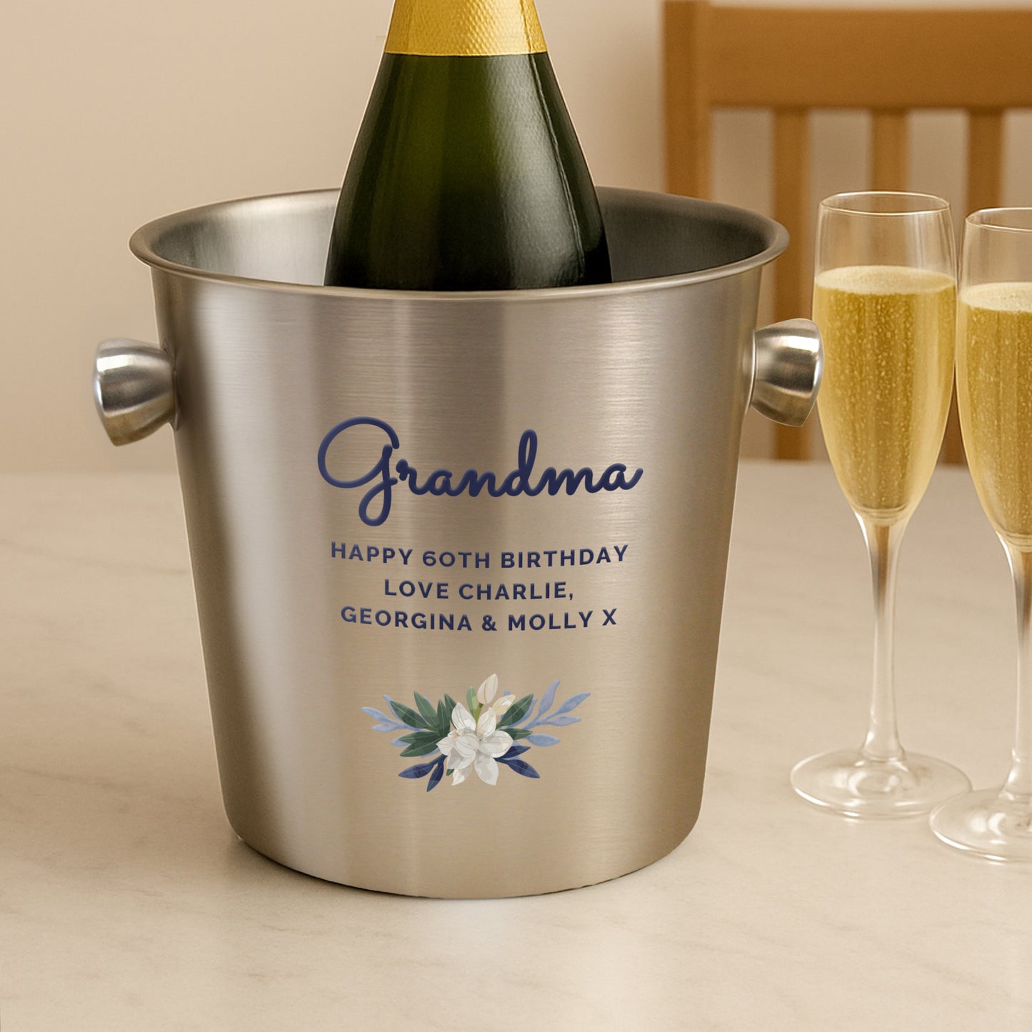 Personalised Blue Floral Stainless Steel Ice Bucket - image 2