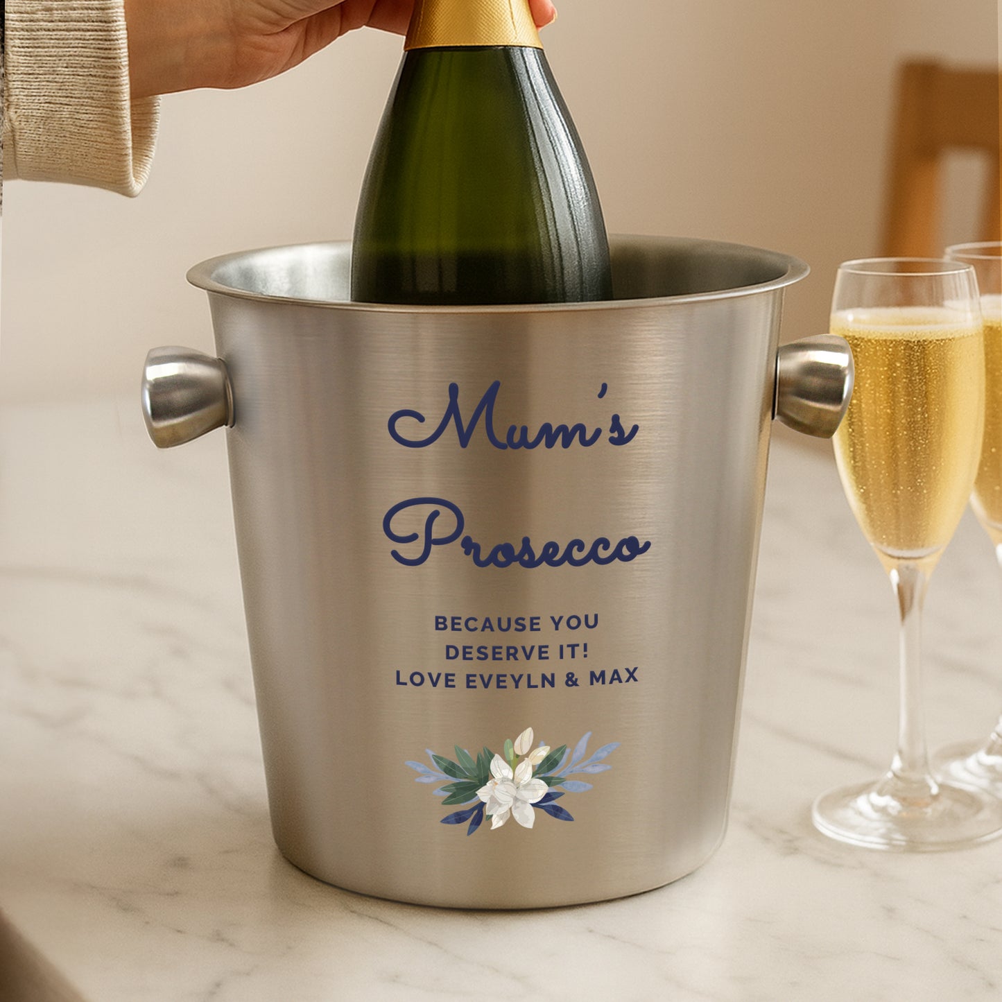 Personalised Blue Floral Stainless Steel Ice Bucket - image 3