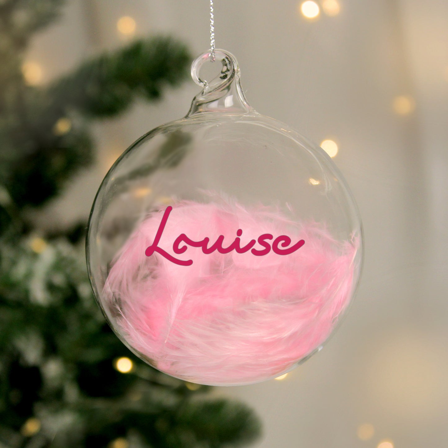 Personalised Pink Feather Glass Christmas Bauble – Christmas Tree Gift for Her