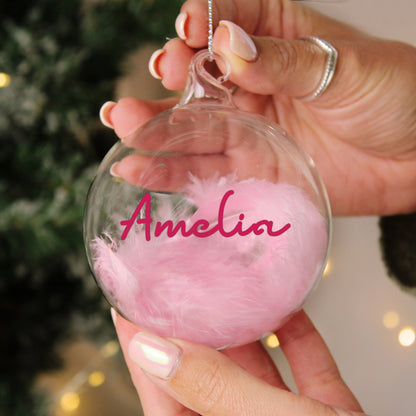 Personalised Pink Feather Glass Christmas Bauble – Christmas Tree Gift for Her - image 2