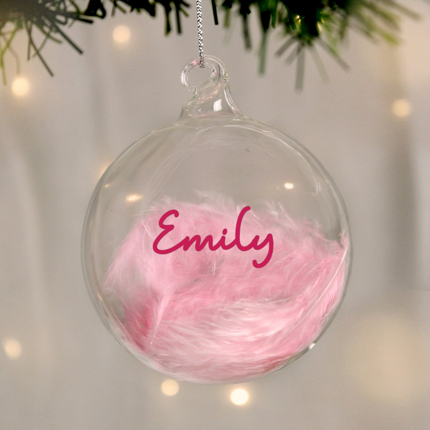 Personalised Pink Feather Glass Christmas Bauble – Christmas Tree Gift for Her - image 3