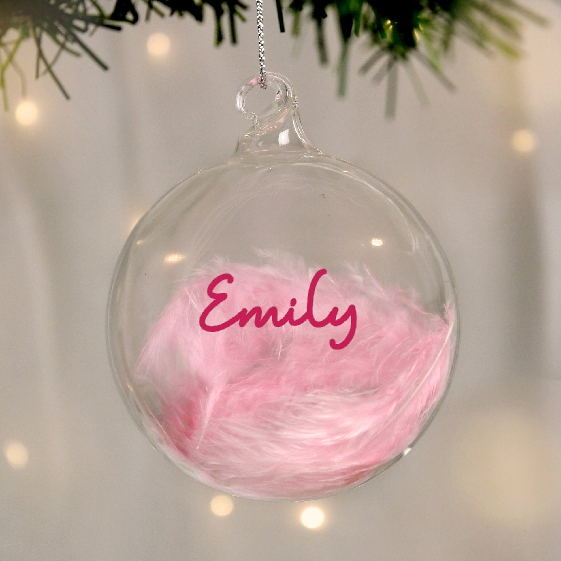 Personalised Pink Feather Glass Christmas Bauble – Christmas Tree Gift for Her - image 3