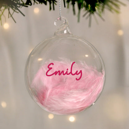 Personalised Pink Feather Glass Christmas Bauble – Christmas Tree Gift for Her - image 3