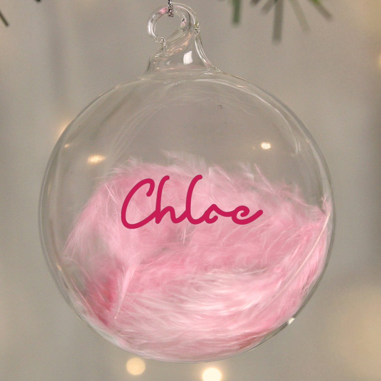 Personalised Pink Feather Glass Christmas Bauble – Christmas Tree Gift for Her - image 4
