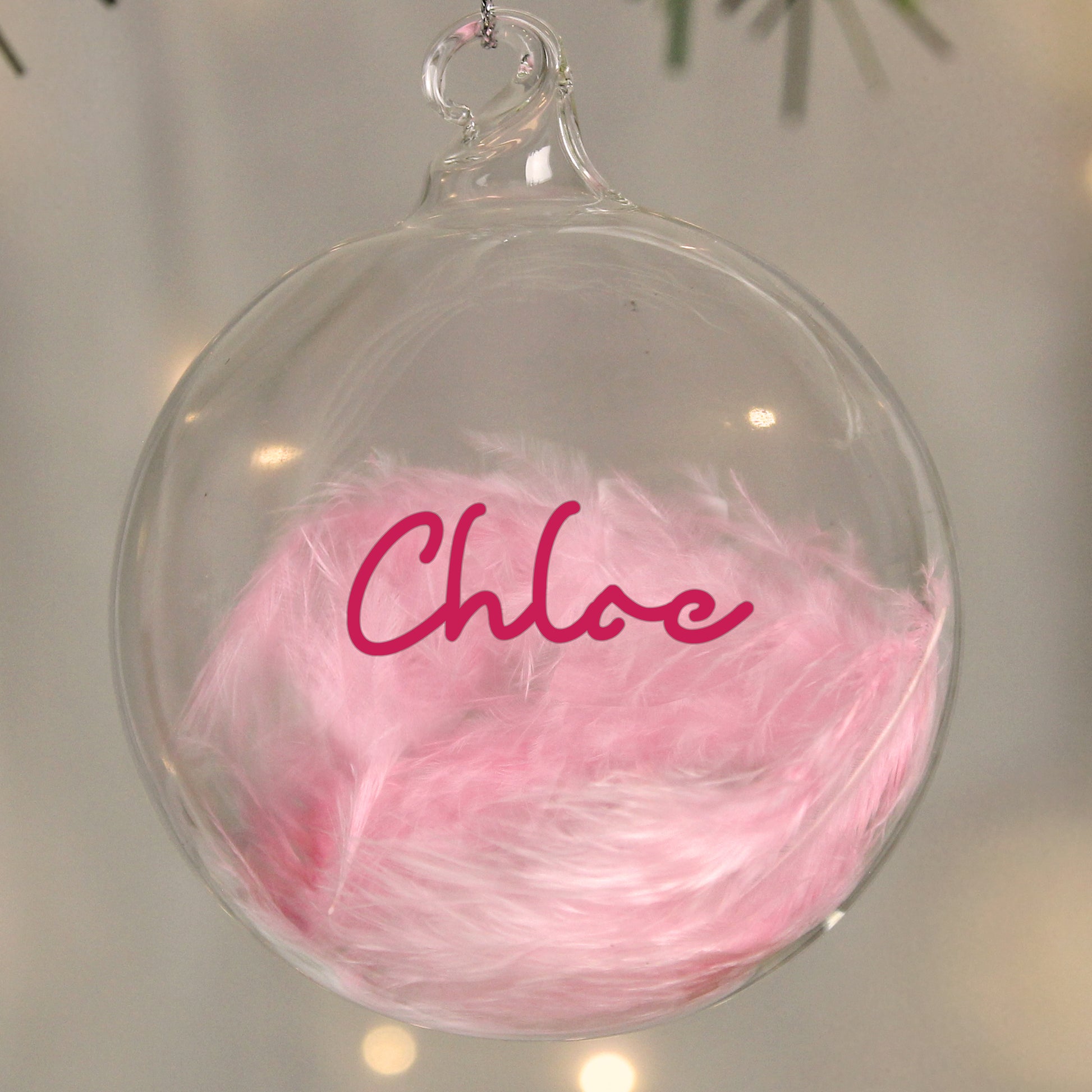 Personalised Pink Feather Glass Christmas Bauble – Christmas Tree Gift for Her - image 4