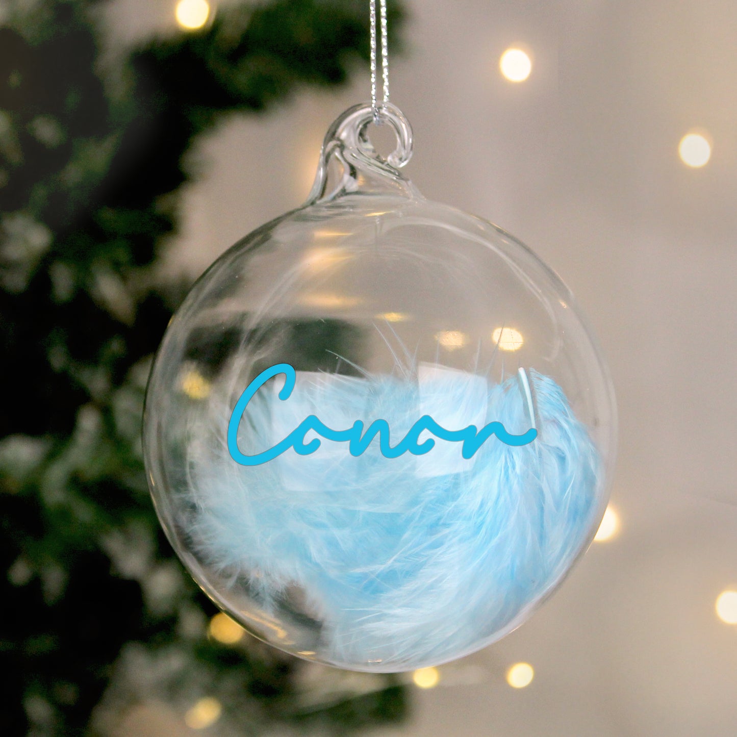 Personalised Blue Feather Glass Christmas Bauble – Christmas Tree Gift