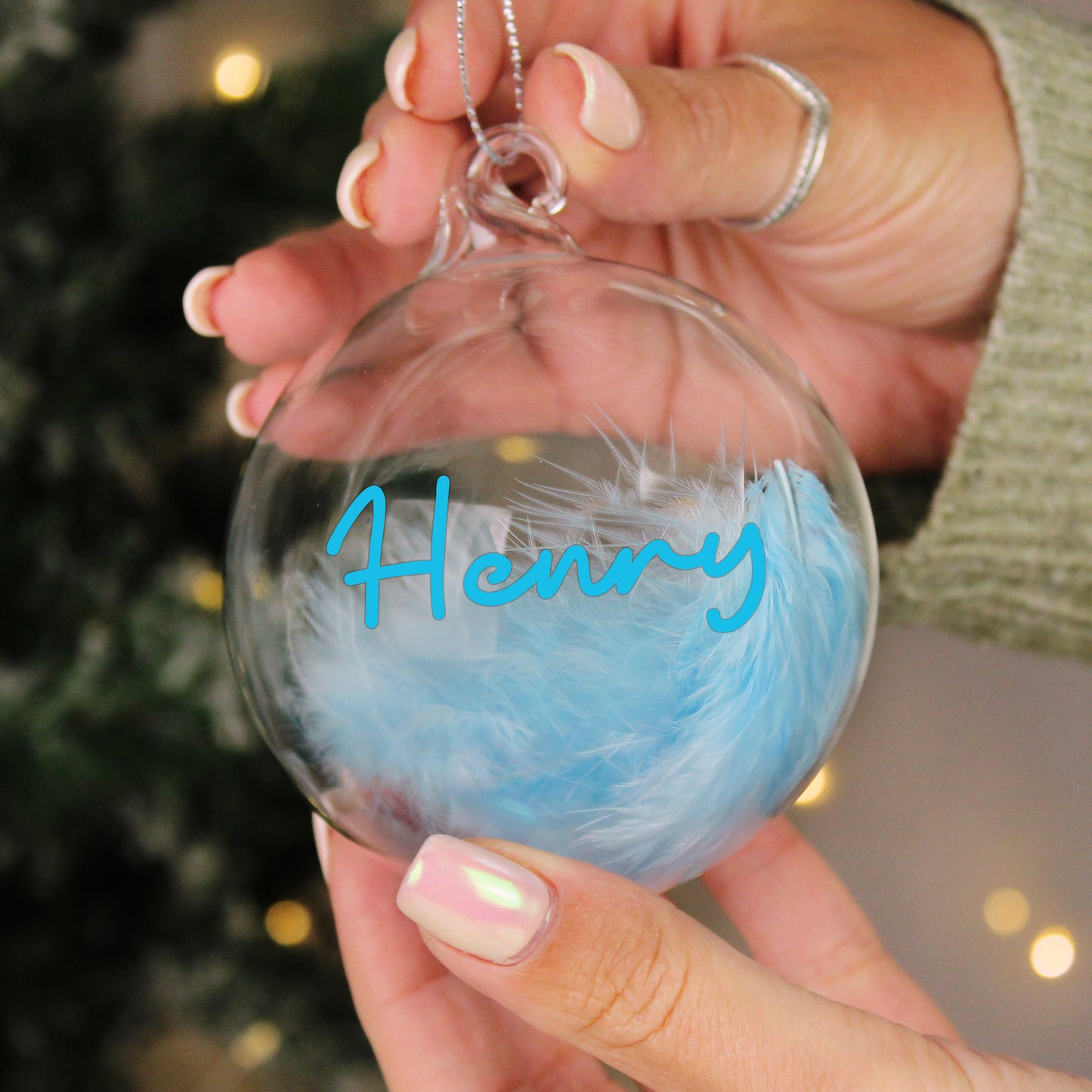Personalised Blue Feather Glass Christmas Bauble – Christmas Tree Gift - image 2