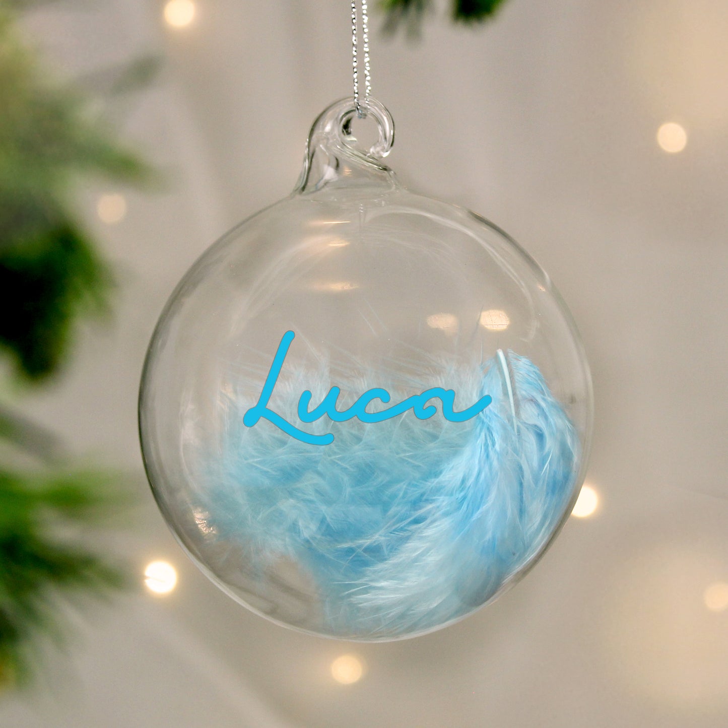 Personalised Blue Feather Glass Christmas Bauble – Christmas Tree Gift - image 3