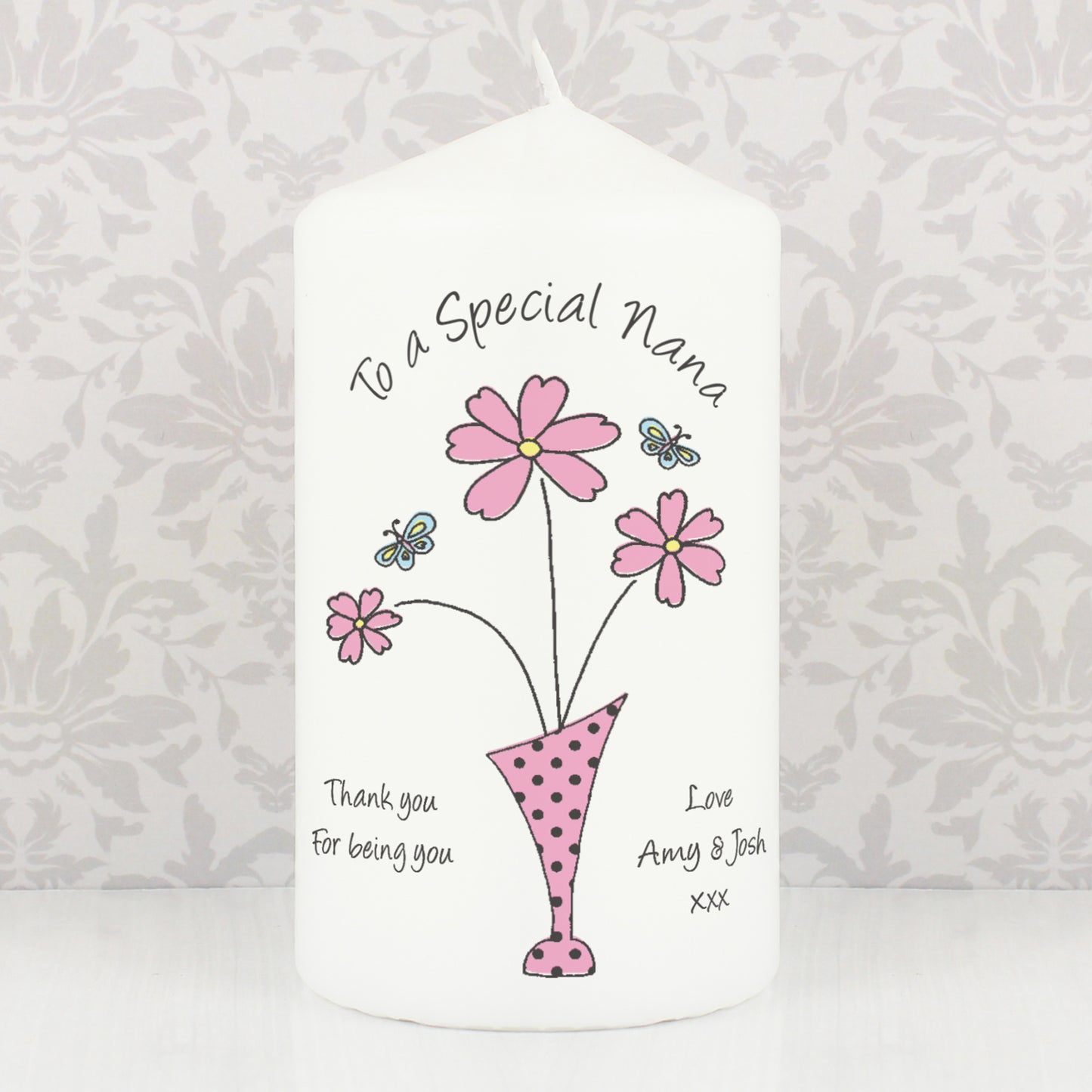 Personalised Flower in Vase Message Pillar Candle from Heartfelt Gifts
