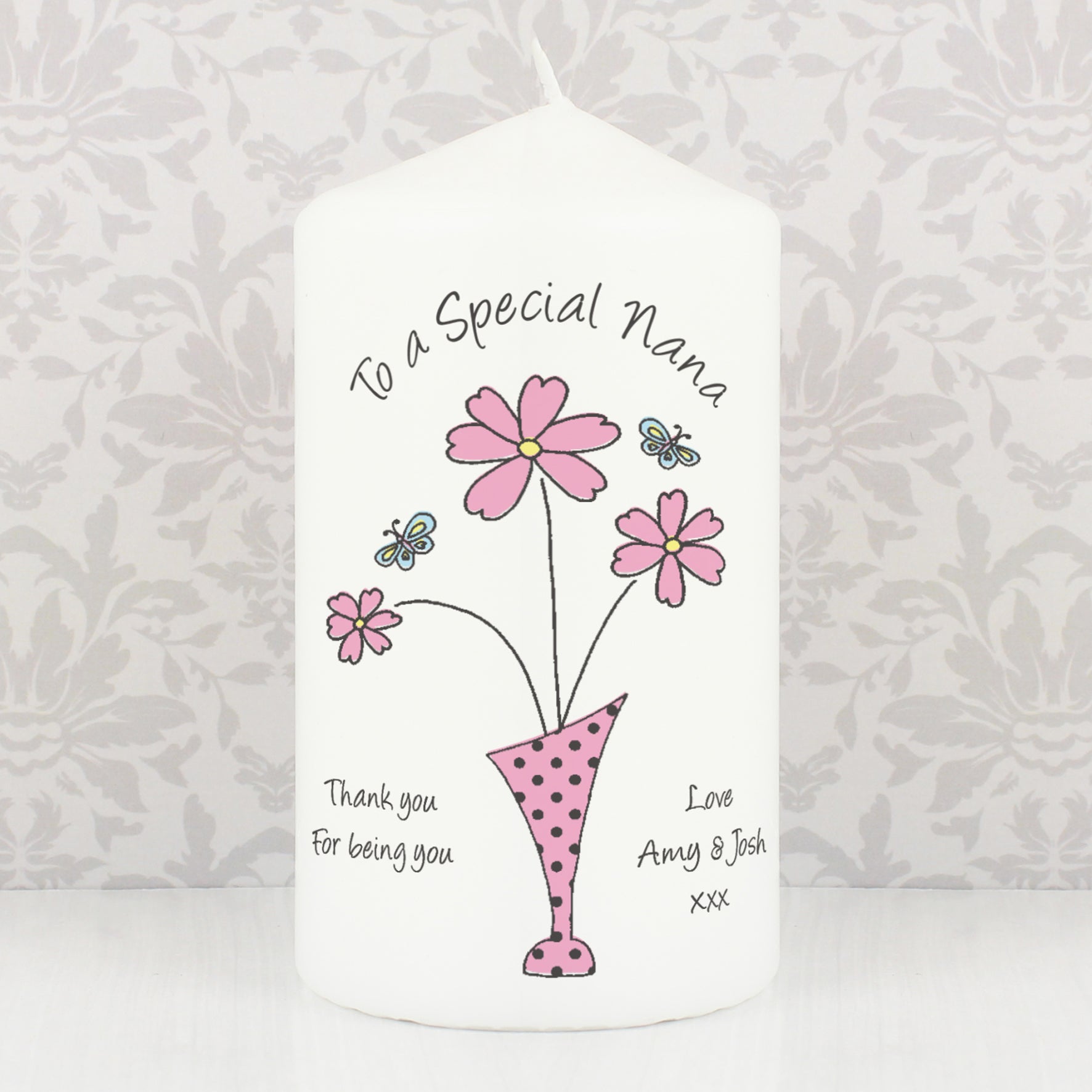Personalised Flower in Vase Message Pillar Candle from Heartfelt Gifts