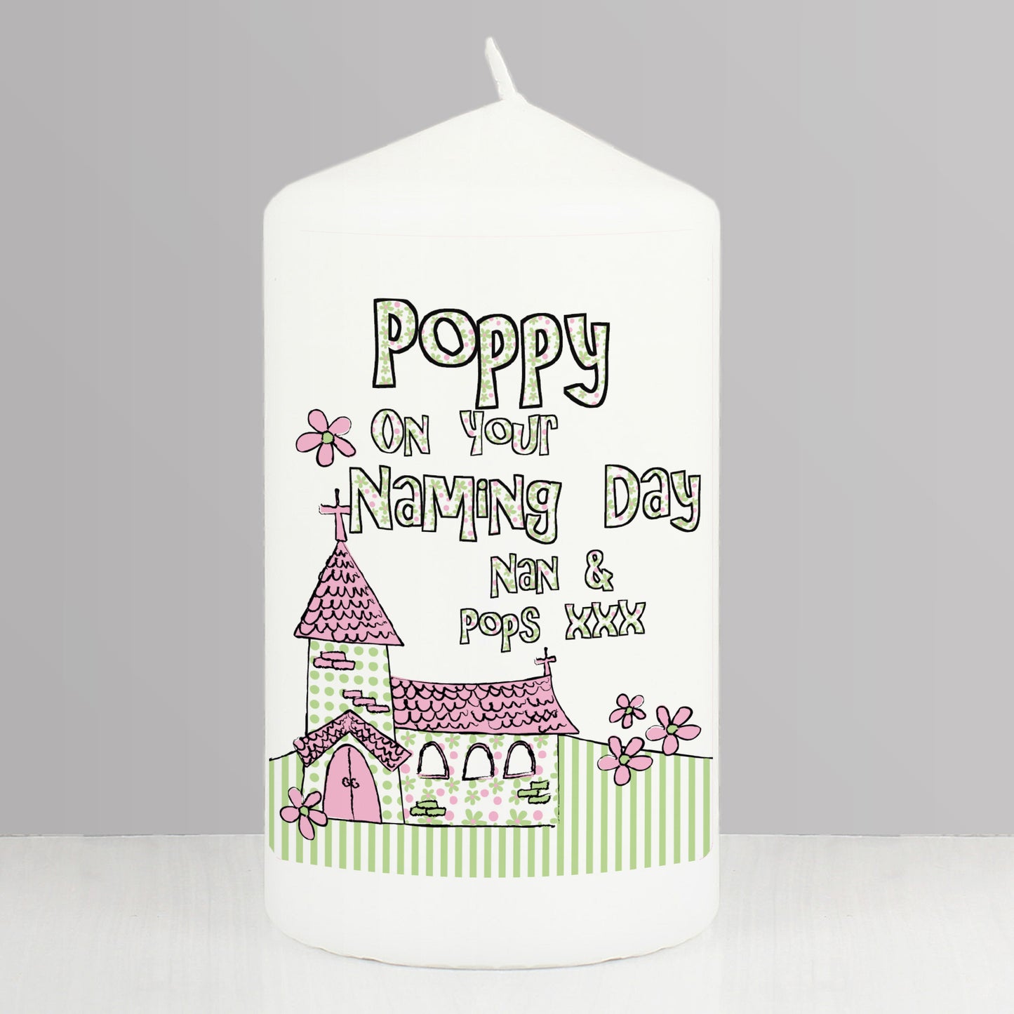 Personalised Pink Church Pillar Candle from Heartfelt Gifts